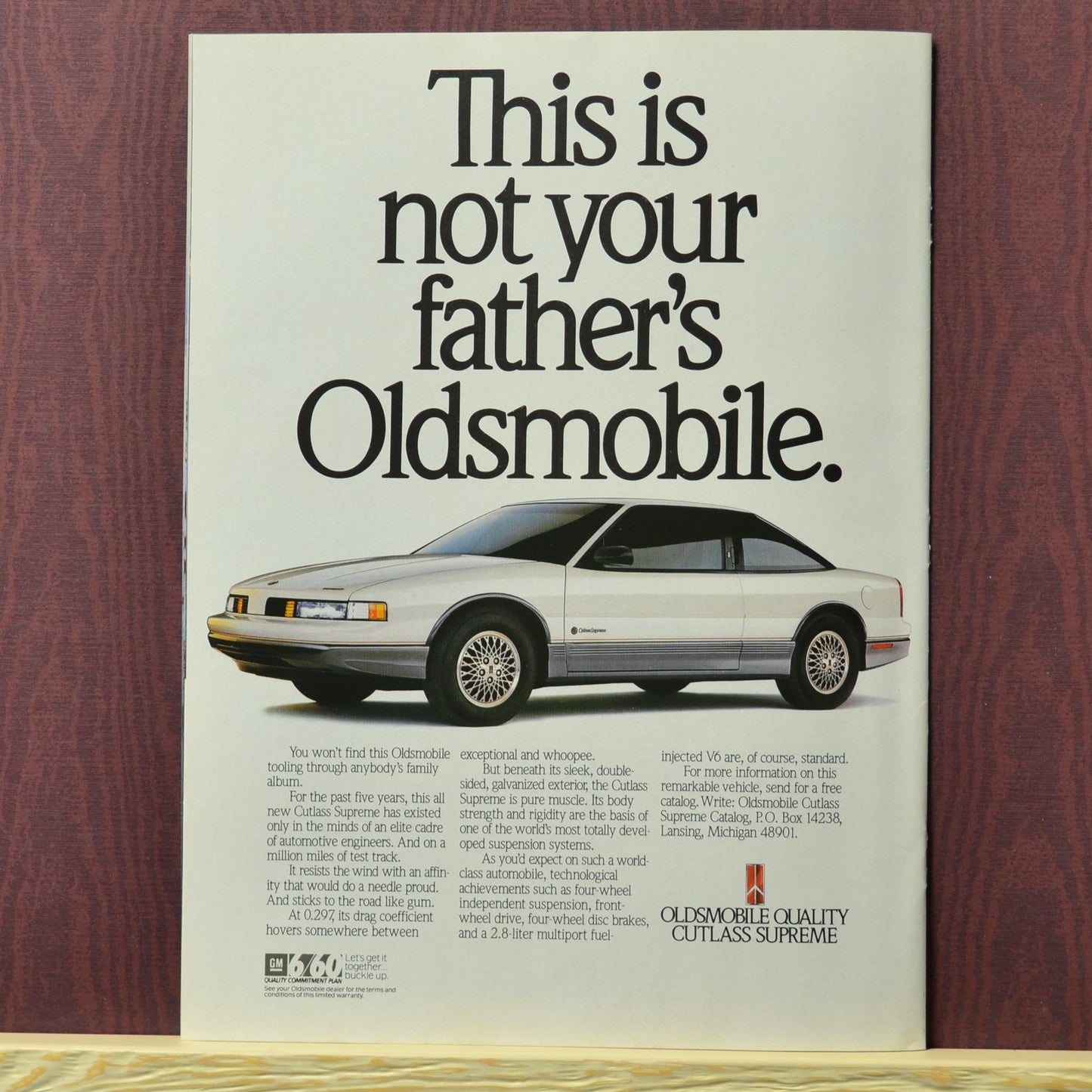 1988 Oldsmobile Cutlass Supreme white coupe ad – Not Your Father’s Oldsmobile slogan on back cover