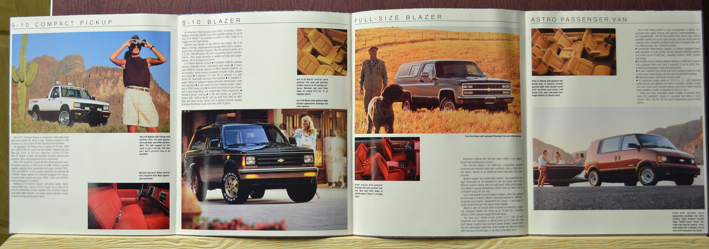 Back side of the multi-fold 1989 Chevy Trucks dealer brochure showcasing eight pages of detailed truck specifications and images.