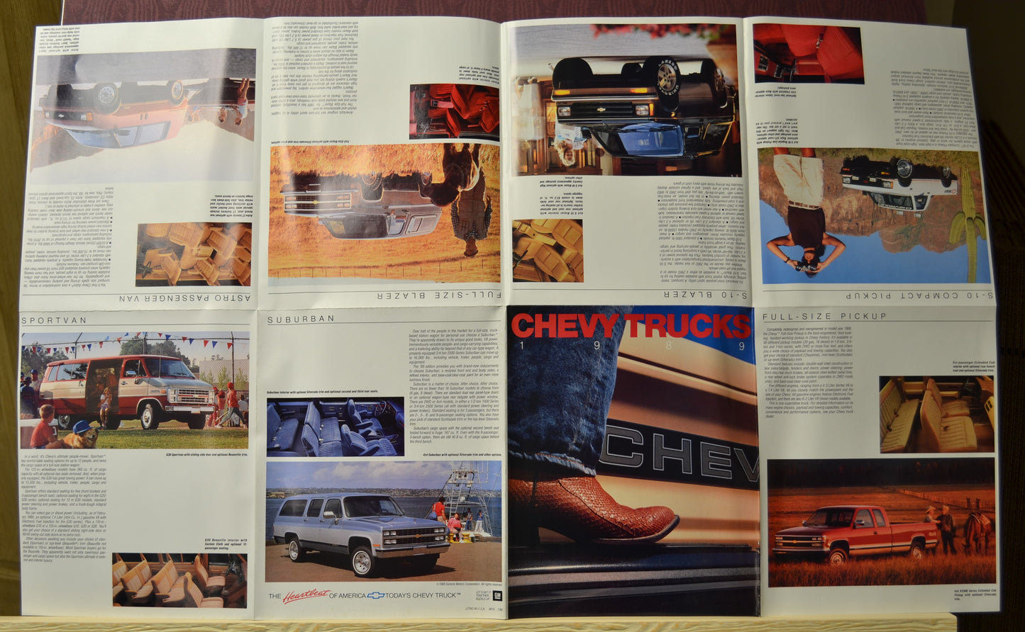 Detailed view of the interior pages, highlighting Chevy's Suburban, S-10 Blazer, Sportvan, and full-size pickups with towing specs and interior designs.