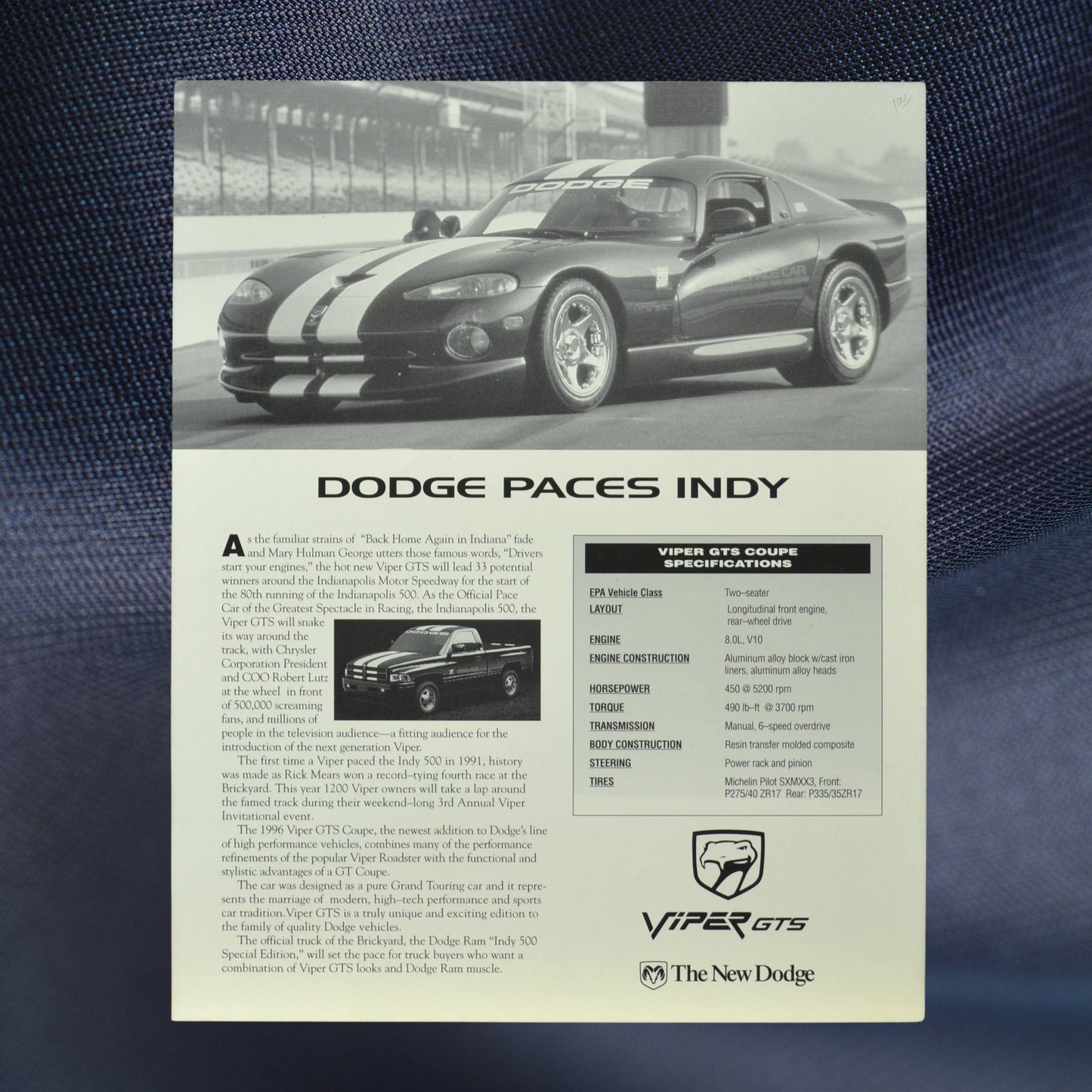 Reverse side of the 1996 Dodge Viper GTS flyer, showcasing the car’s specifications, history as an Indy 500 pace car, and technical details.