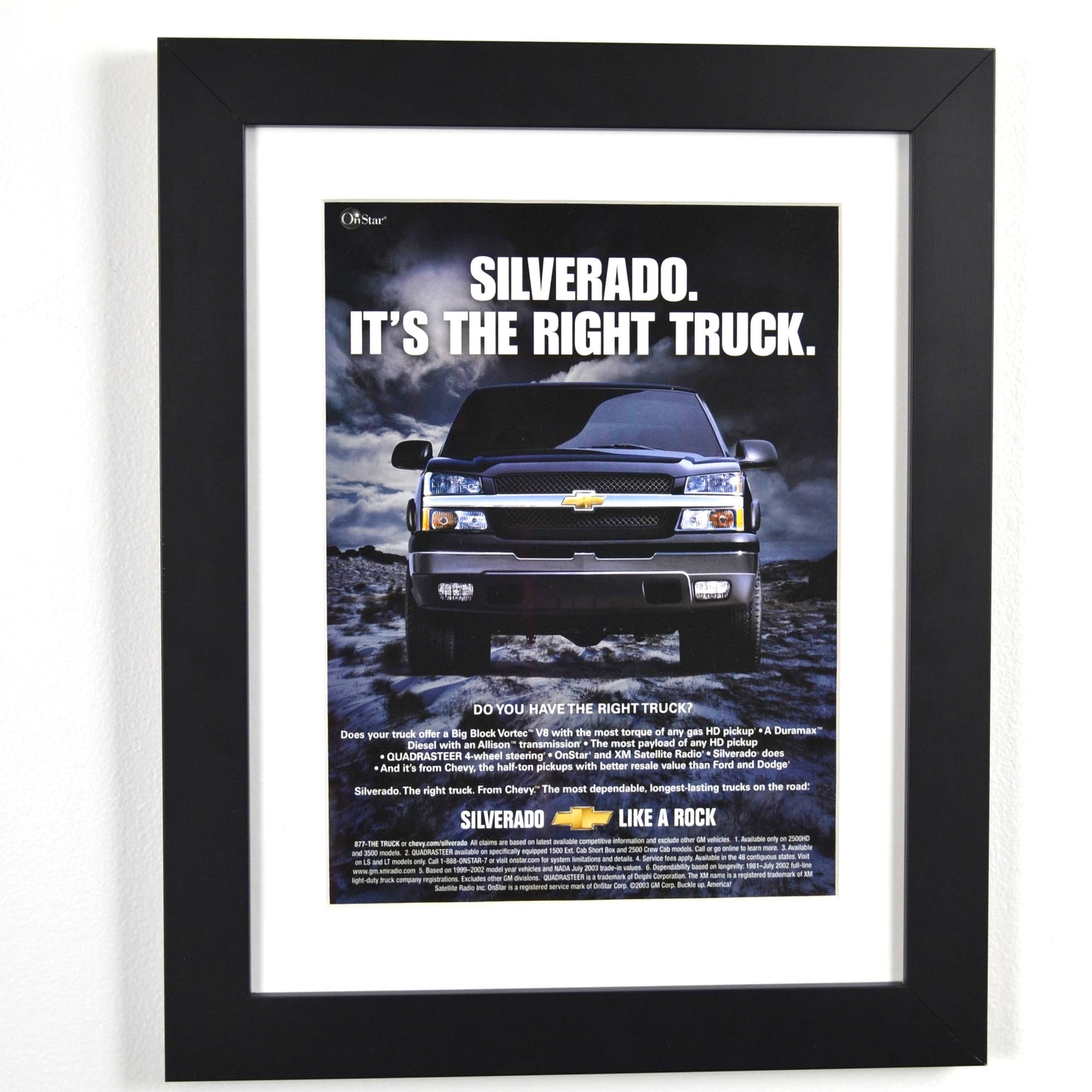 framed 2003 Chevy Silverado vintage print ad – classic truck wall art, Chevrolet pickup memorabilia