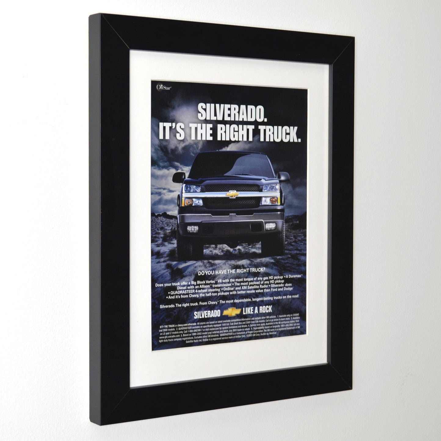 side view of framed 2003 Chevy Silverado vintage print ad – classic truck wall art, Chevrolet pickup memorabilia