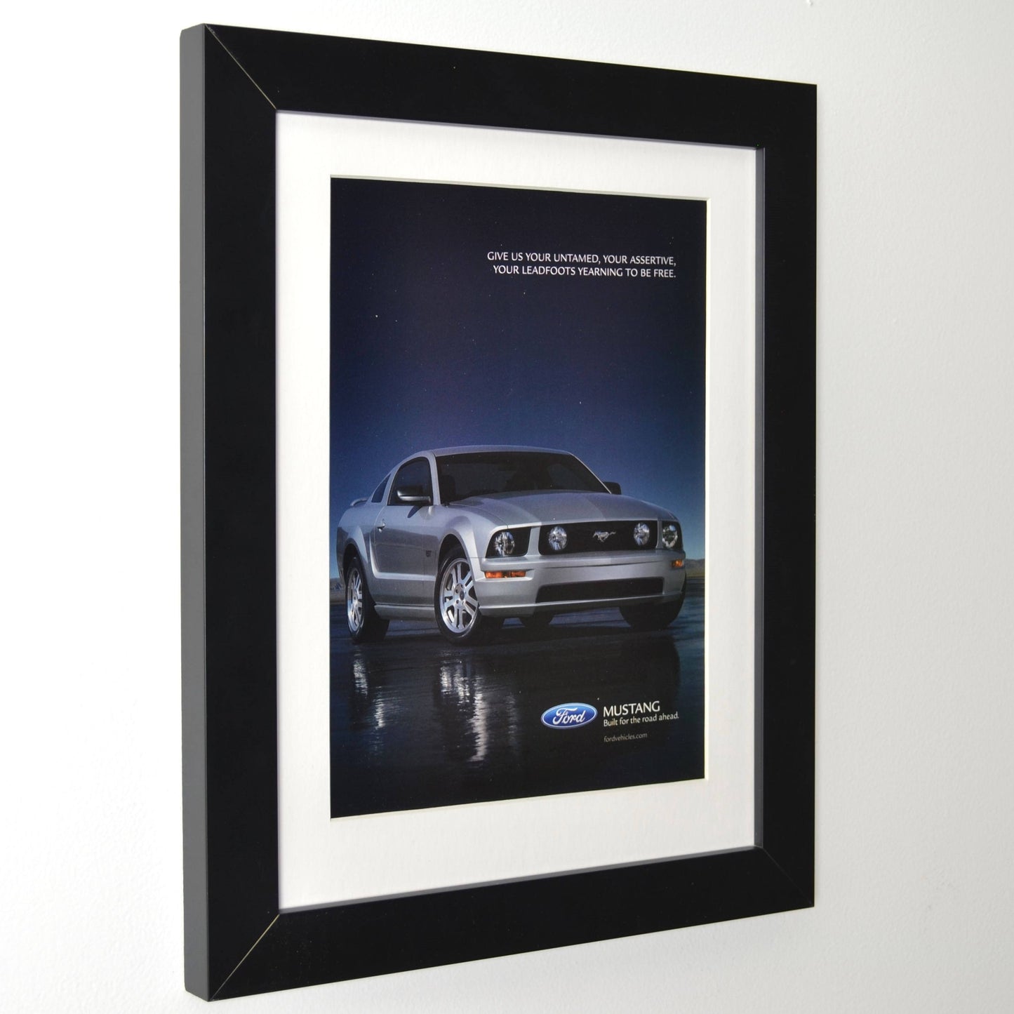 Framed side view of 2005 Ford Mustang GT vintage print ad – classic car wall art, retro automotive decor