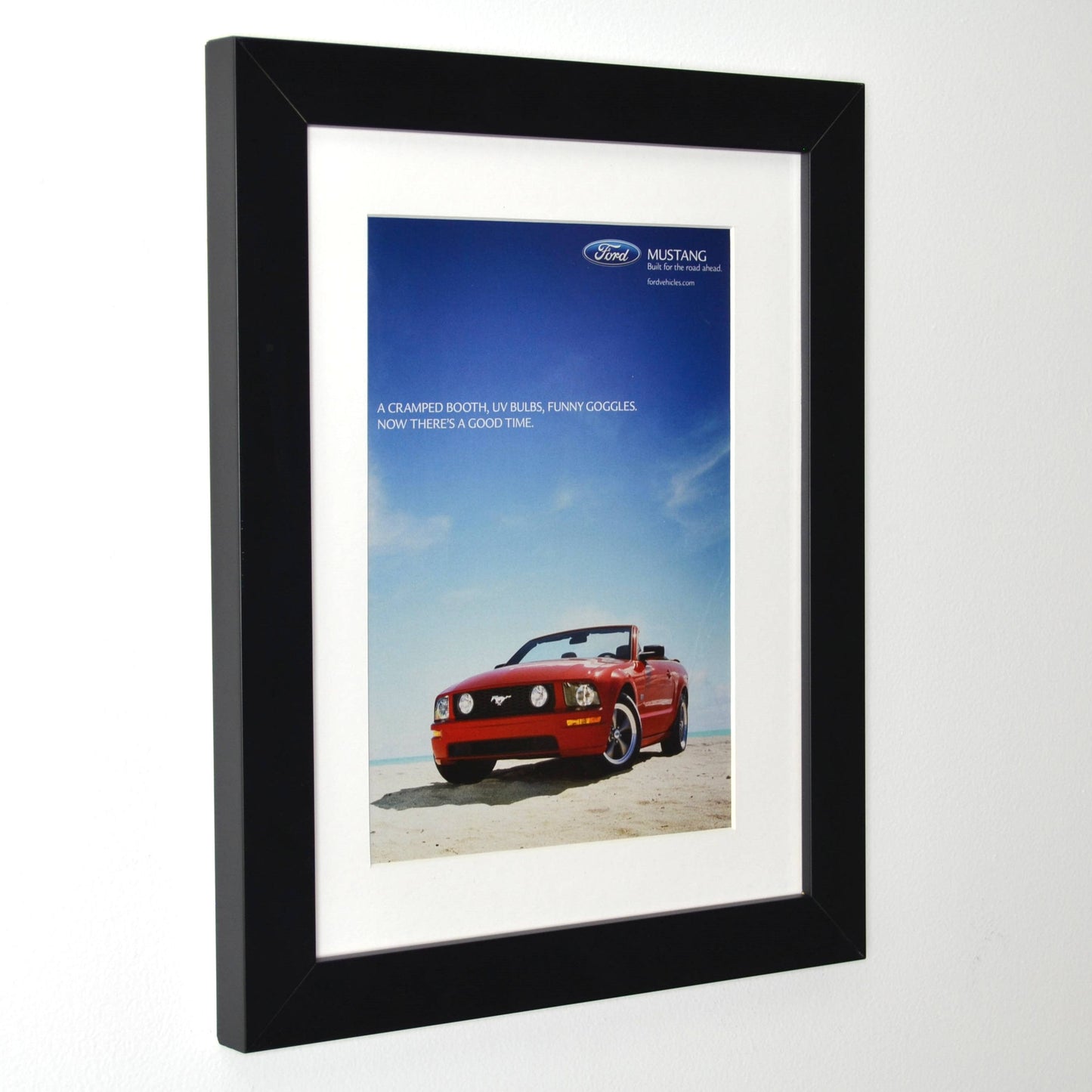 Framed side view of Red 2006 Ford Mustang convertible vintage print ad – classic car wall art, retro automotive decor