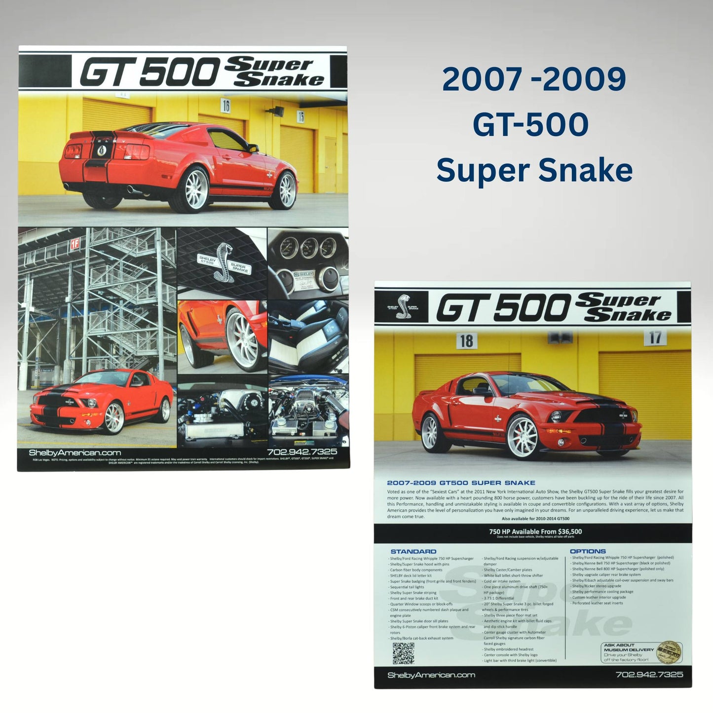 Front and back flyer showcasing the 2007-2009 GT-500 Super Snake in red with performance details.