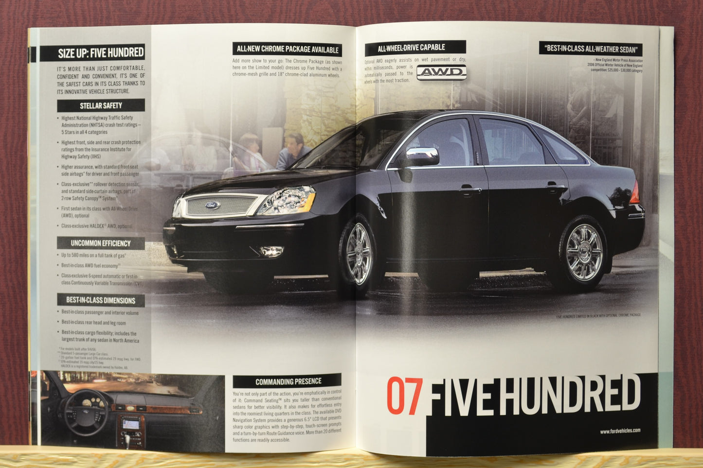 Interior Pages of 2007 Ford Car Brochure with Black Ford Five Hundred Model