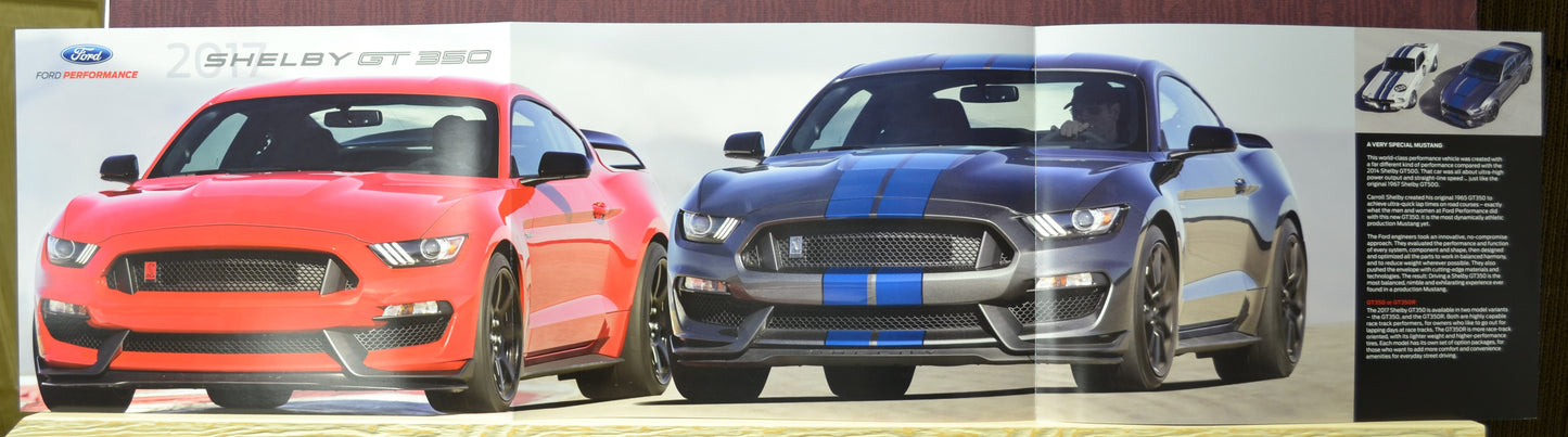 Inside of the 2017 Shelby GT-350 Brochure – Featuring a Full Spread Image of Two GT-350 Models in Red and Blue