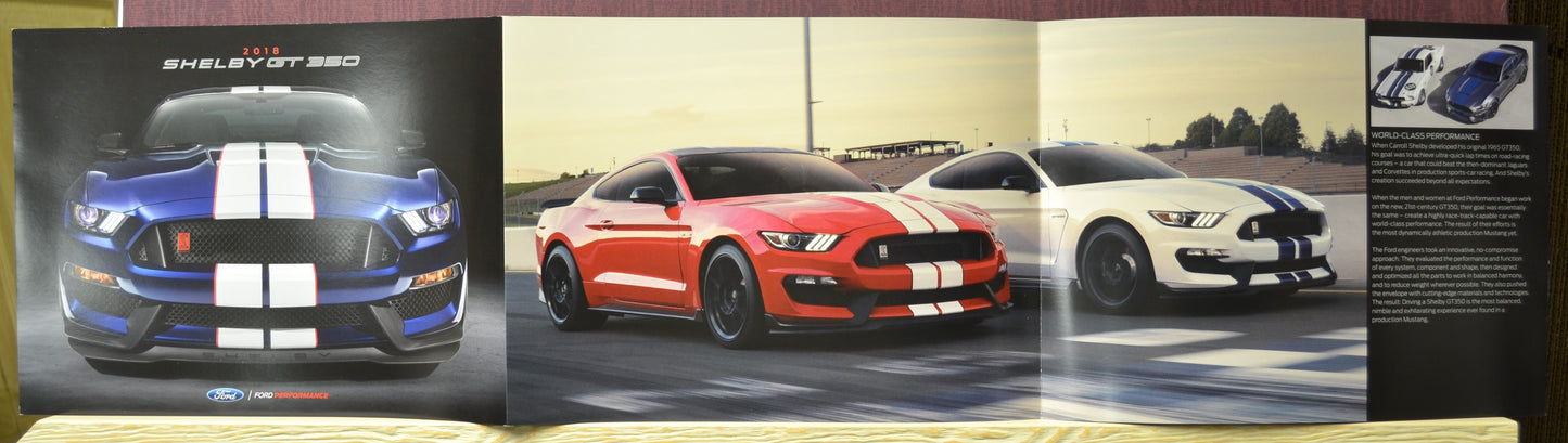 Interior pages of the 2018 Shelby GT350 brochure showcasing performance features and technical specifications