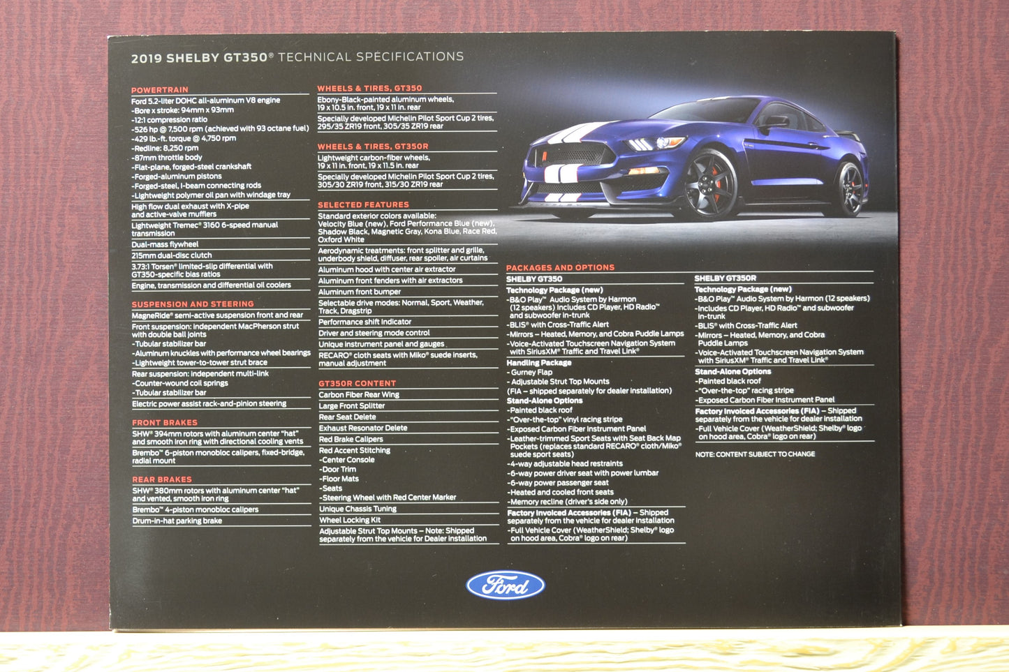 2019 Shelby GT-350 Dealer Brochure Back Cover – Featuring GT-350R in blue