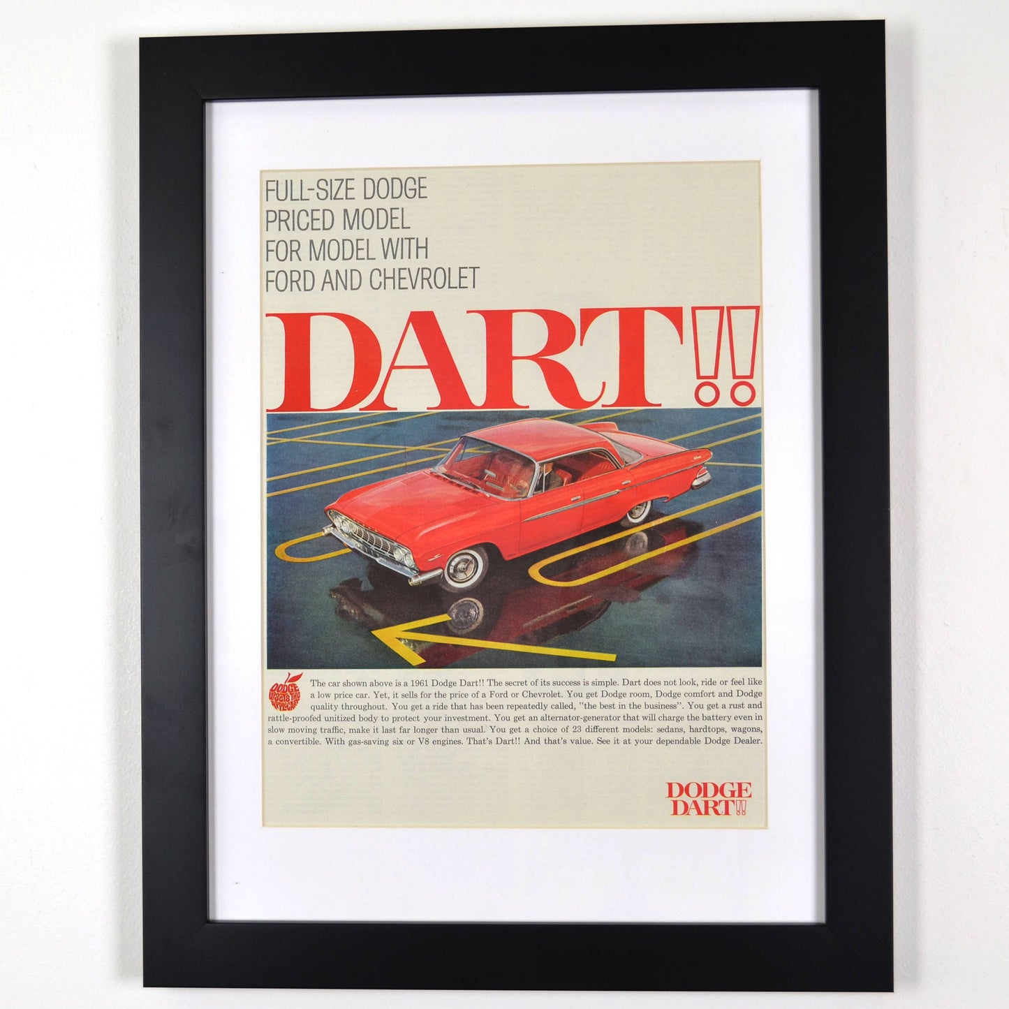 1961 dodge dart print ad, retro wall art framed