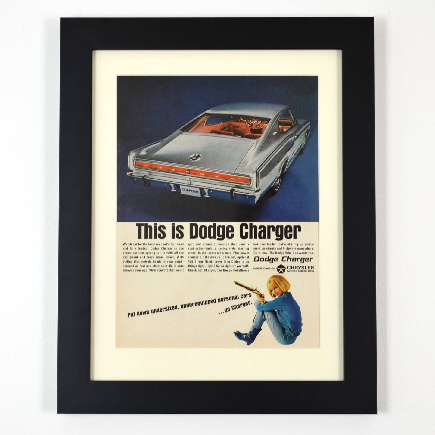 framed Original 1966 Dodge Charger Vintage Print Ad – Mopar Muscle Car Art