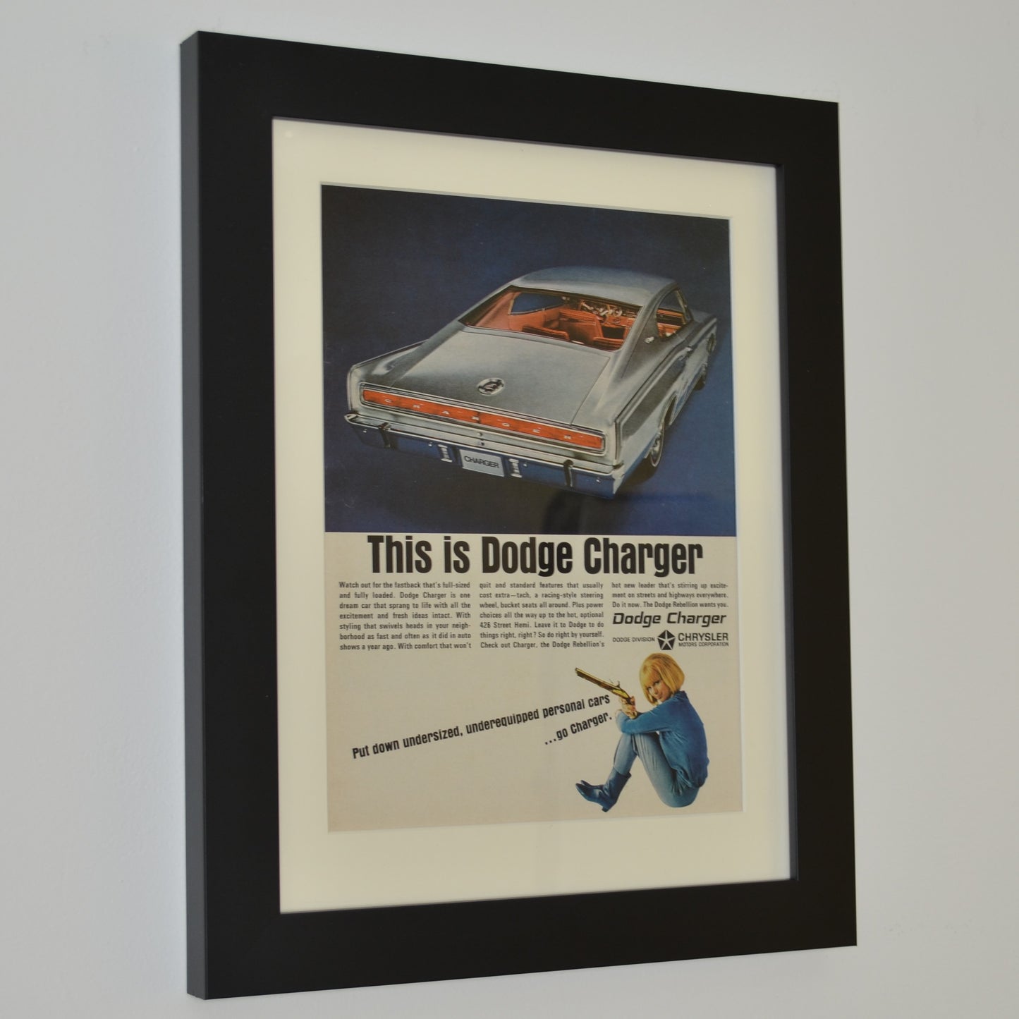 Original 1966 Dodge Charger Vintage Print Ad – Mopar Muscle Car Art framed