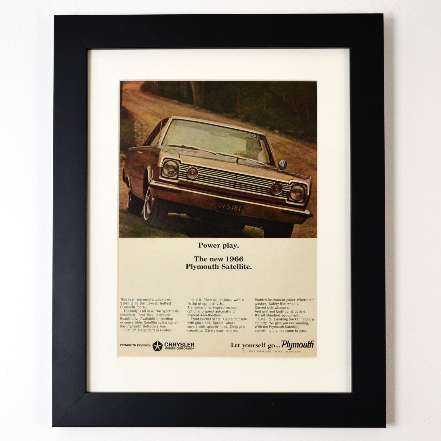 framed 1966 Plymouth Satellite Ad - Vintage Muscle Car Print for Mancave or Garage Decor