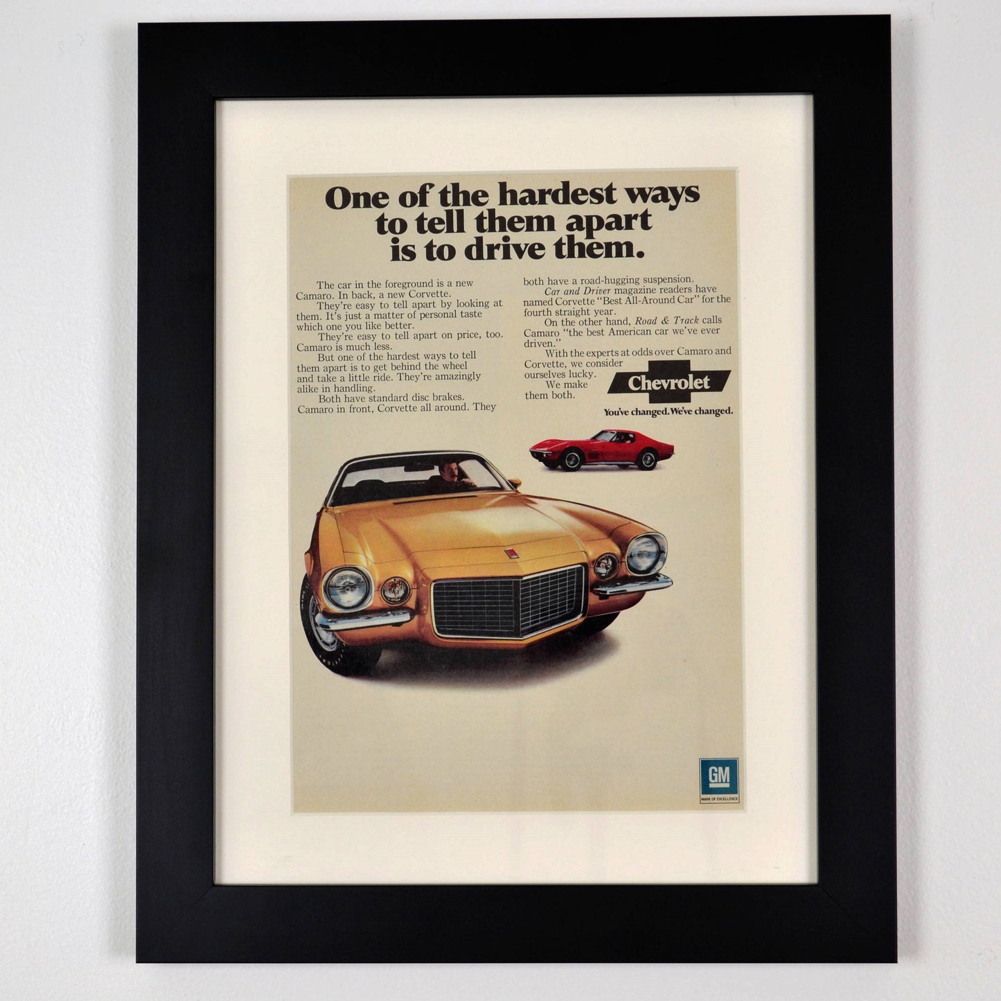 Framed 1970 Chevrolet Camaro, Corvette classic car automotive print advertisement