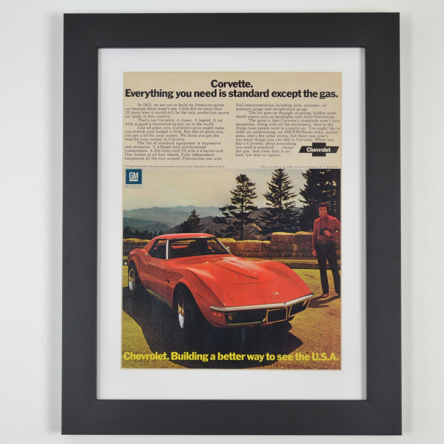 1972 Chevrolet corvette print ad framed