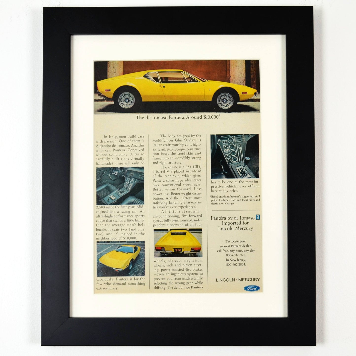 framed 1973 De Tomaso Pantera print ad