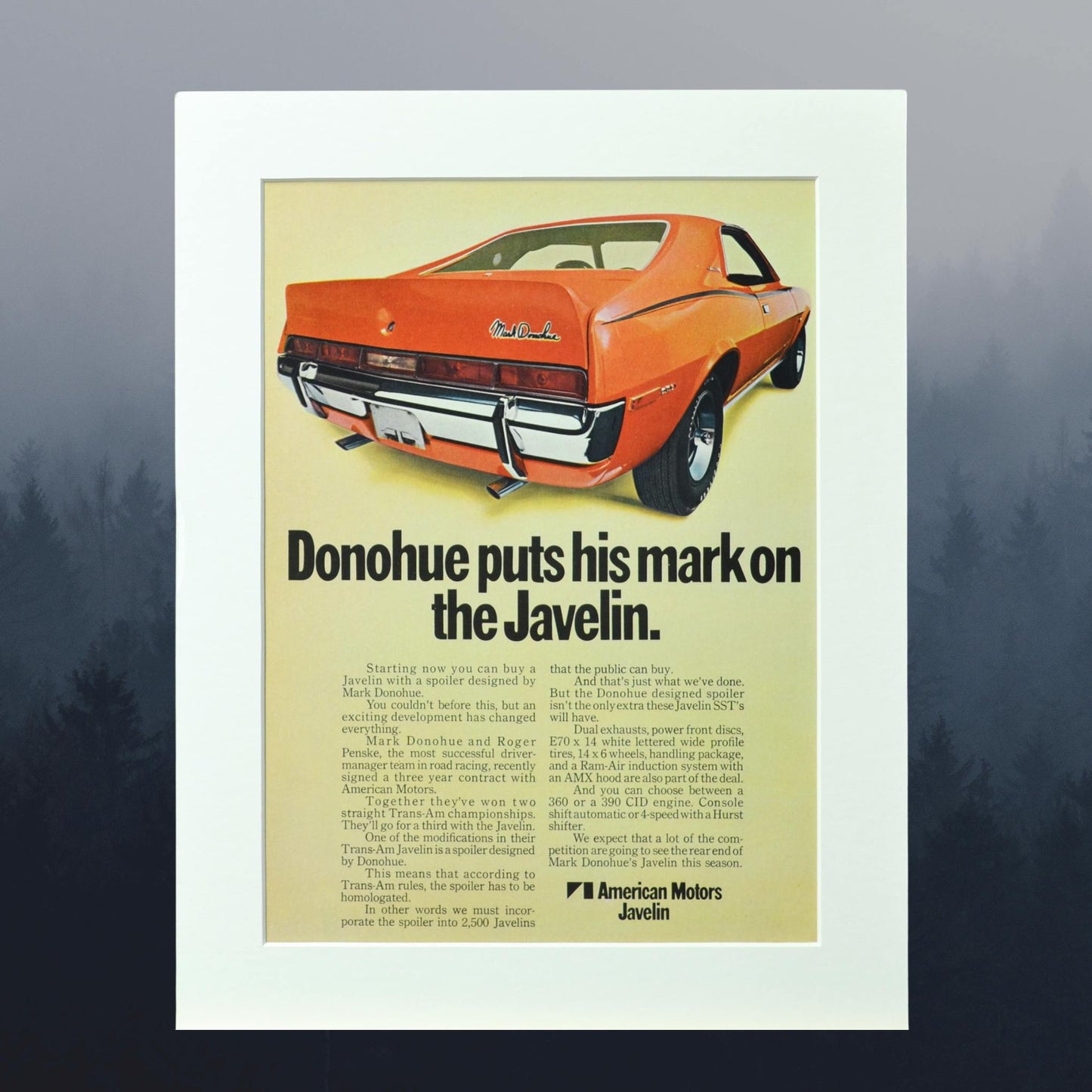 1970 AMC Javelin Mark Donohue Vintage Print Ad - Classic Car Art