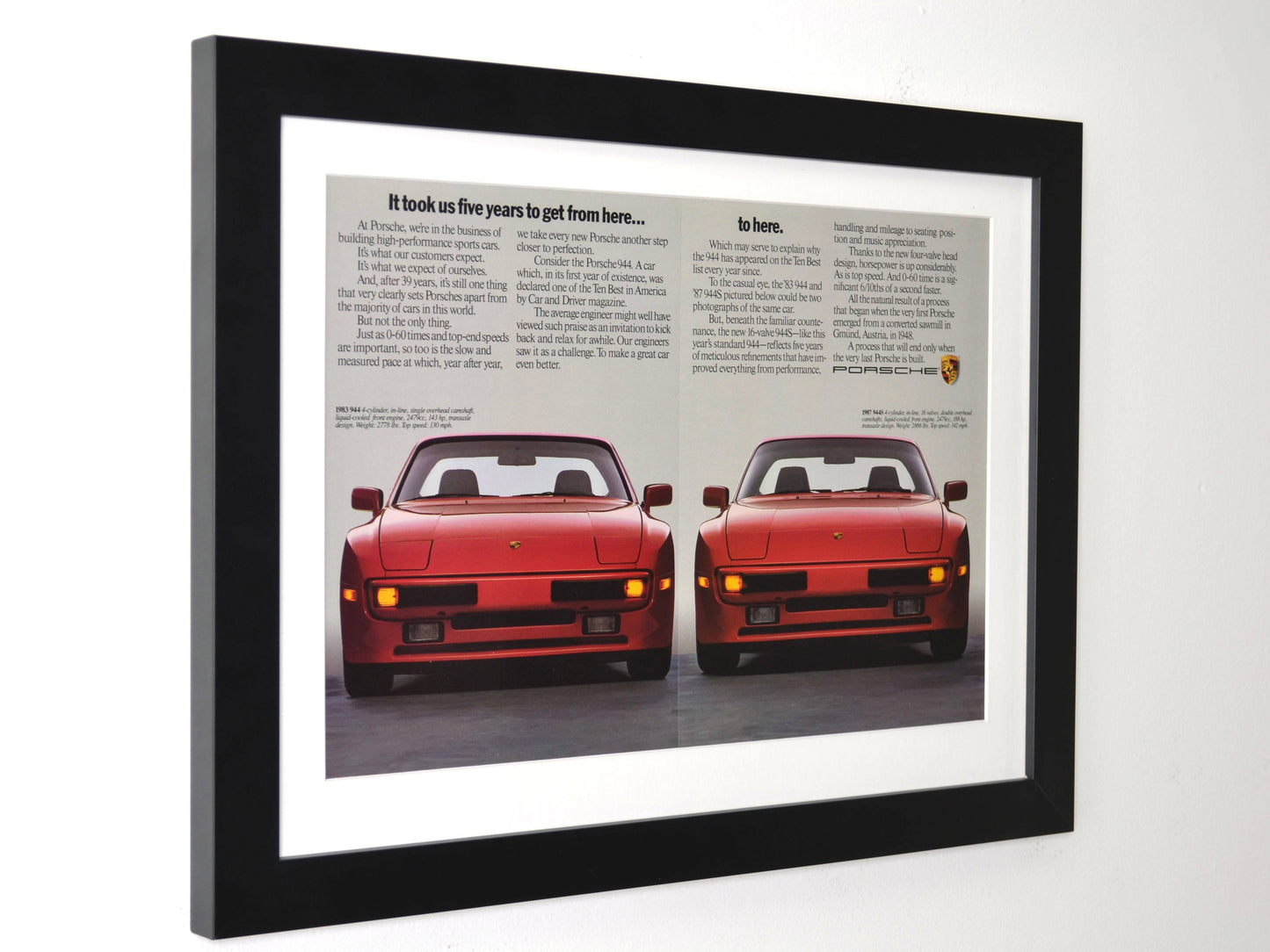 Framed 1987 Porsche 944S print ad – side-by-side 944 evolution artwork side view