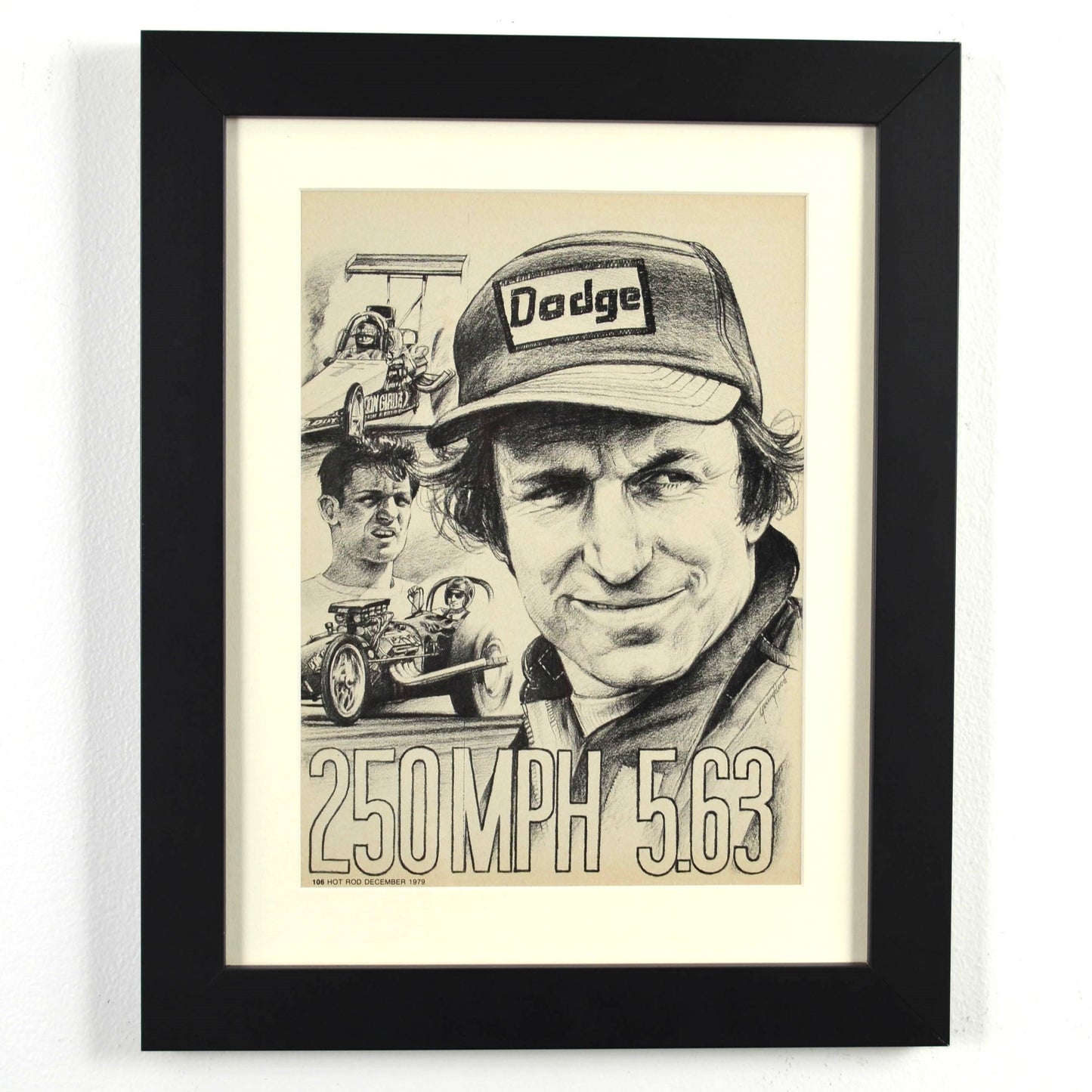 Framed 12x15 Don Garlits vintage print featuring his 1979 Top Fuel dragster and 250 MPH milestone in NHRA history
