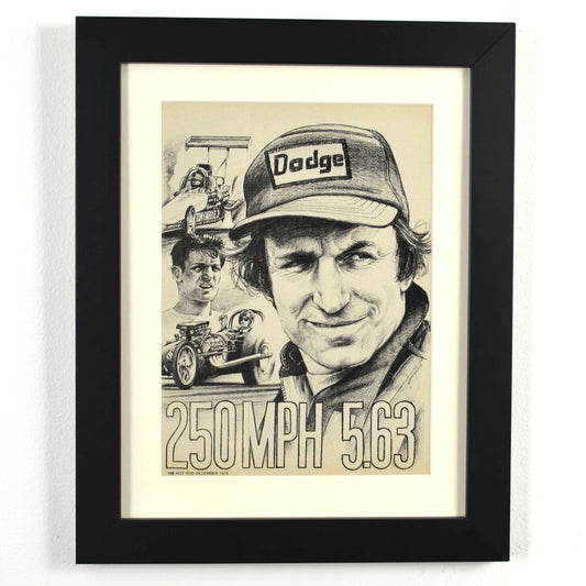 Framed 12x15 Don Garlits vintage print featuring his 1979 Top Fuel dragster and 250 MPH milestone in NHRA history
