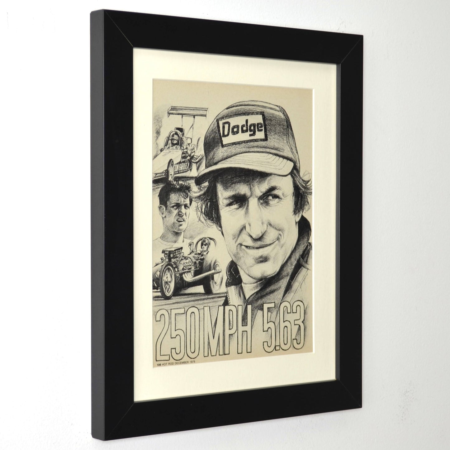 Framed 12x15 Don Garlits vintage print featuring his 1979 Top Fuel dragster and 250 MPH milestone in NHRA history side view