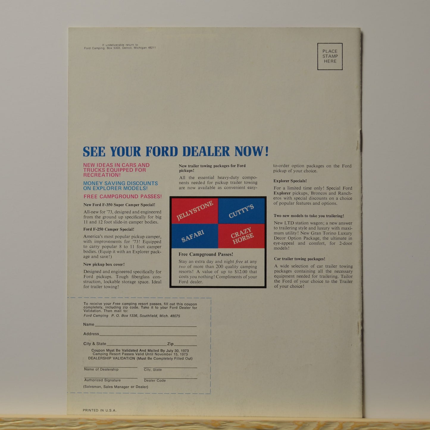 Back page of 1973 Ford camping brochure with dealer coupon and campground pass promotion for Jellystone, Cutty’s, Safari, and Crazy Horse