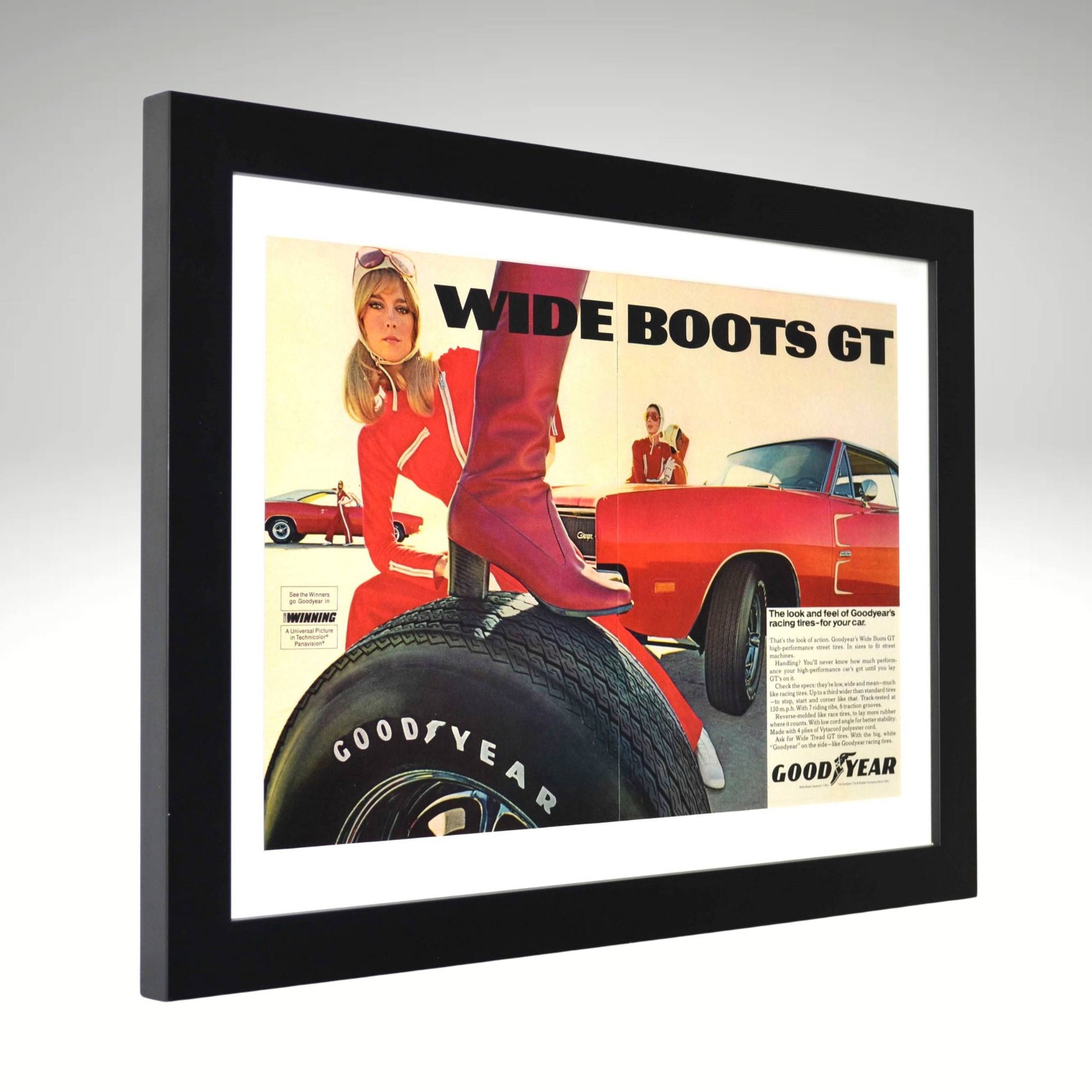 Framed 1960s Goodyear Wide Boots GT ad with red Dodge HEMI Charger side view