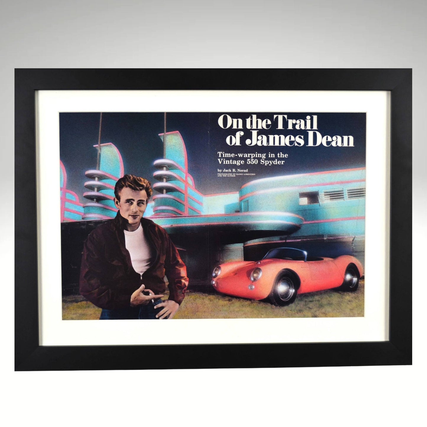 Framed 15x20 print featuring James Dean and a Porsche 550 Spyder with retro diner backdrop, from a 1970s Motor Trend magazine.