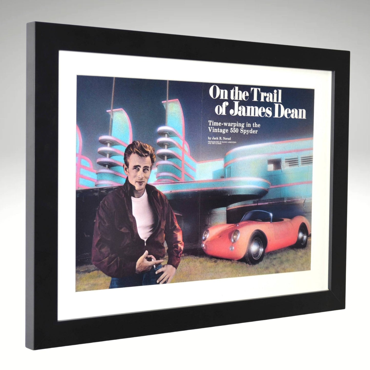 Framed 15x20 print featuring James Dean and a Porsche 550 Spyder with retro diner backdrop, from a 1970s Motor Trend magazine side view.