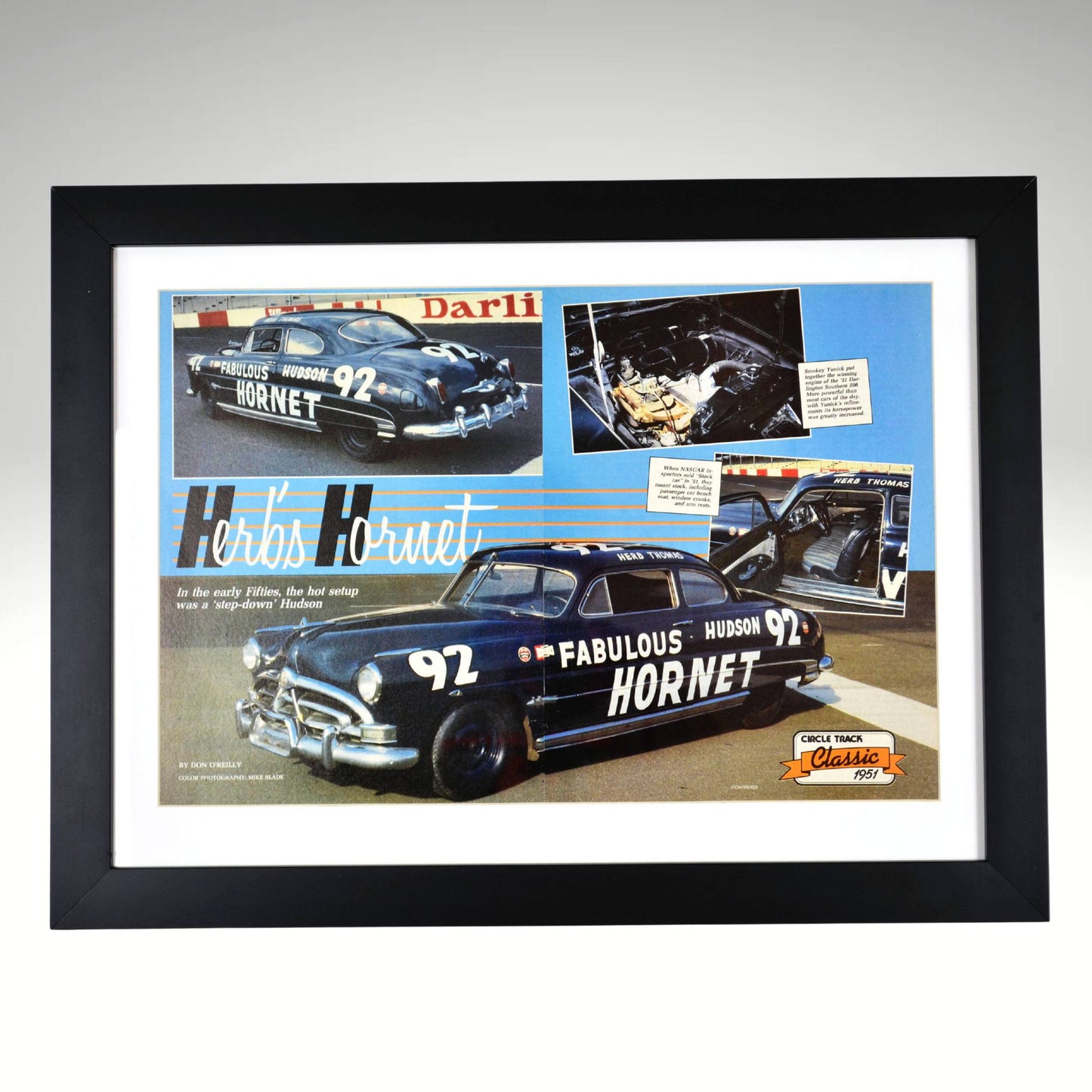 1951 Hudson Hornet NASCAR framed print featuring Herb Thomas’ Fabulous Hudson Hornet, vintage stock car racing, and classic NASCAR history.