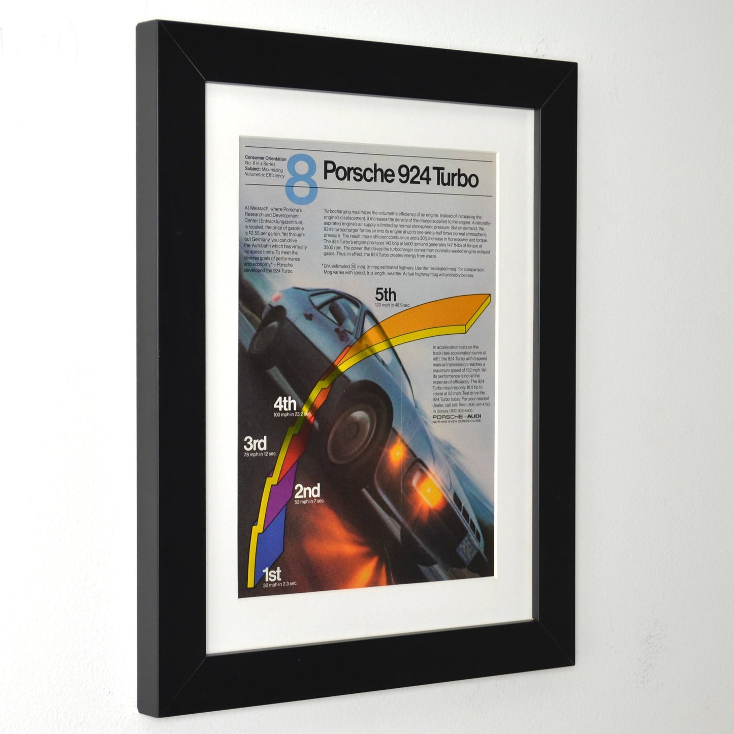 Framed 12x15 Porsche 924 Turbo vintage print ad with colorful acceleration graphic and rear view action shot side view