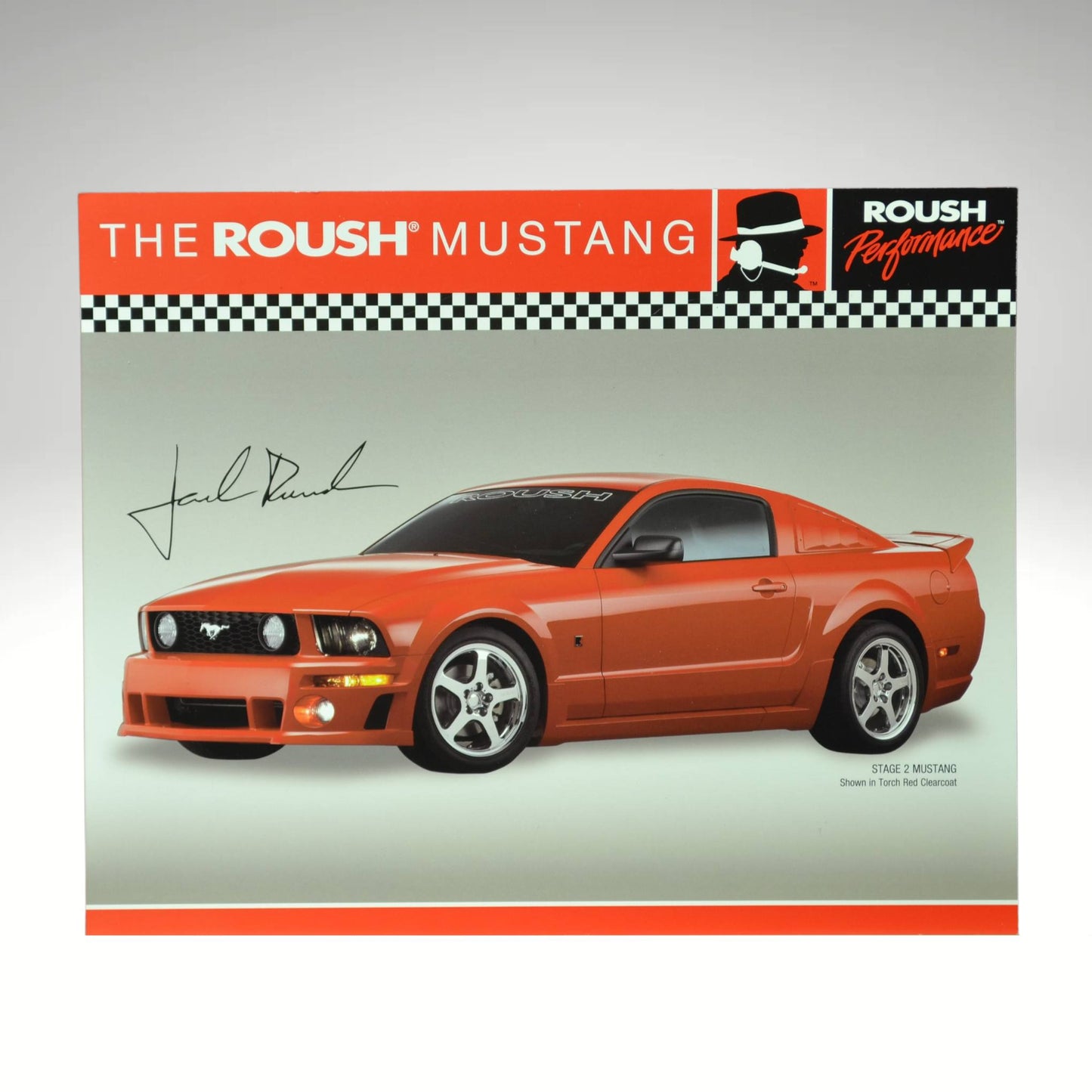 Front view of Roush Mustang Stage 2 in Torch Red, featured on an 8 x 10 promo card.