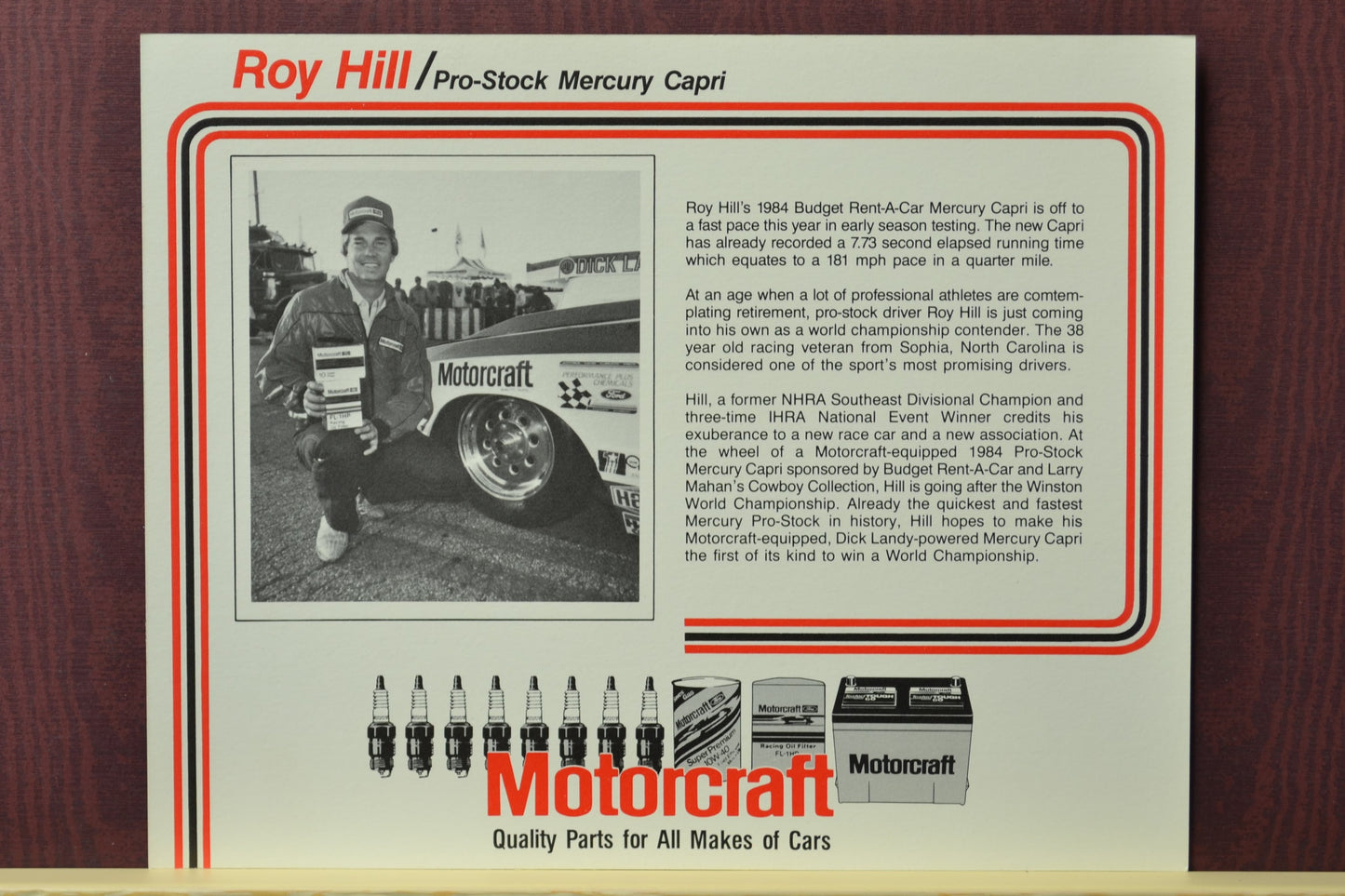 1984 Roy Hill Mercury Capri Pro Stock hero card featuring a black-and-white image of Hill posing with his Motorcraft-equipped race car