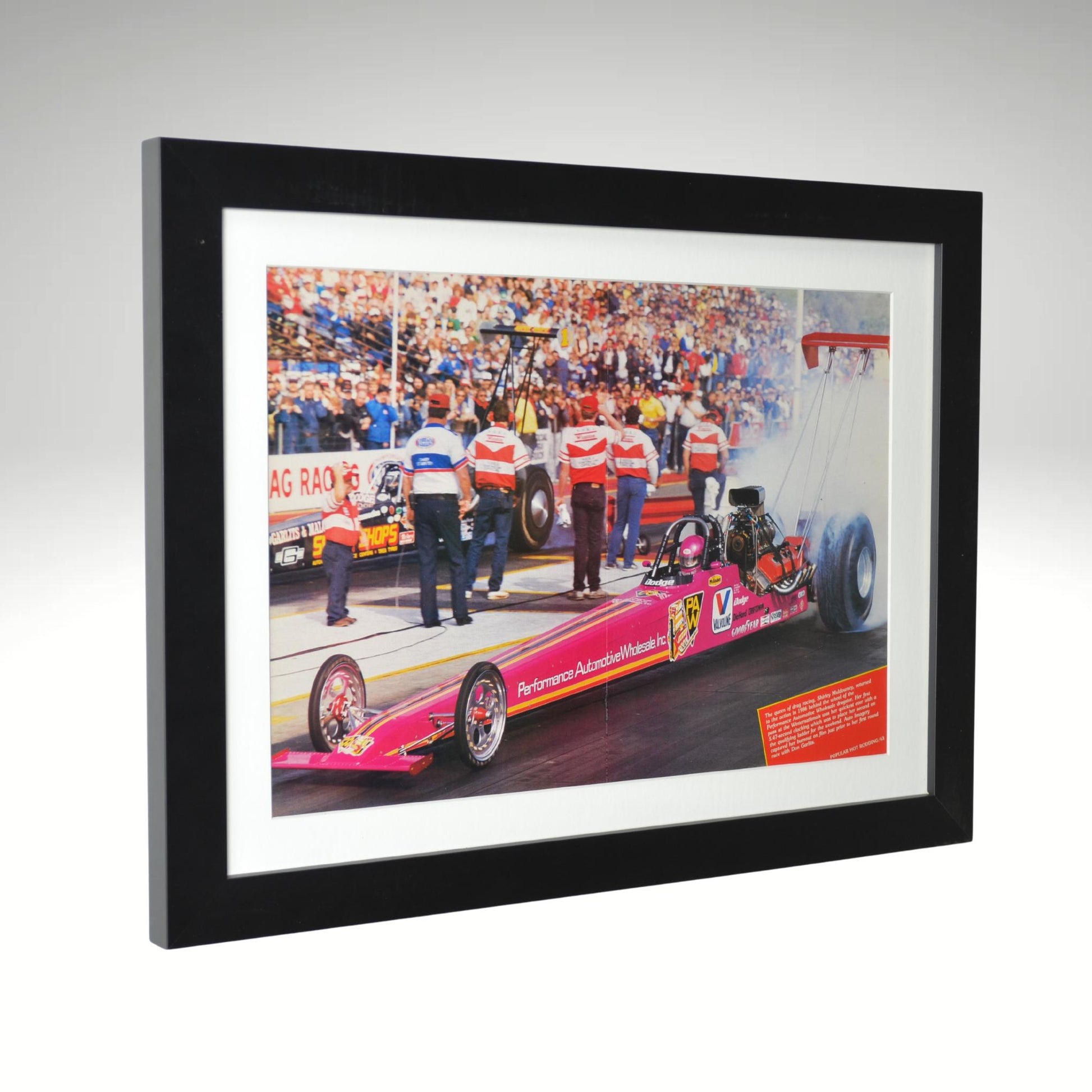 1986 NHRA Shirley Muldowney vs. Don Garlits Print – Framed Drag Racing Art side view