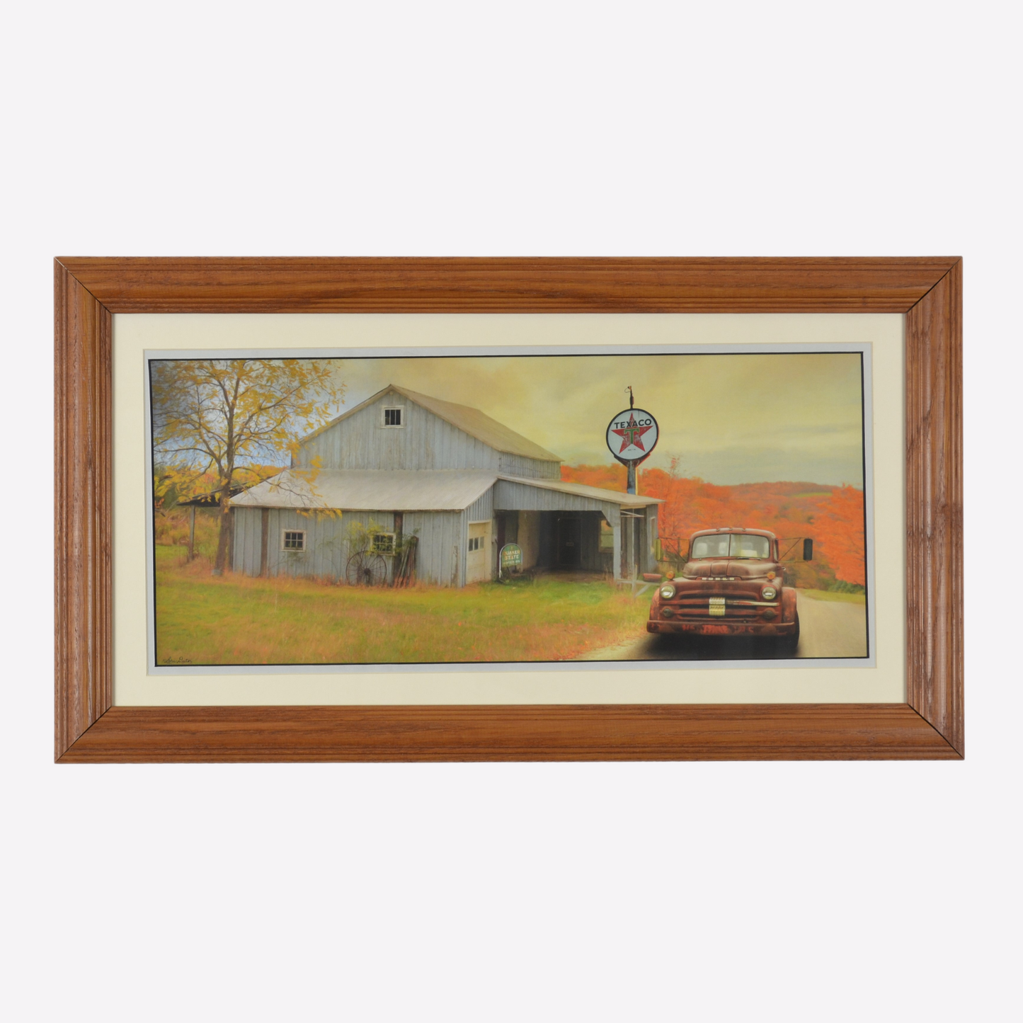 Vintage Truck and Texaco Station Country Art Print - Rustic oak Framed Americana Decor