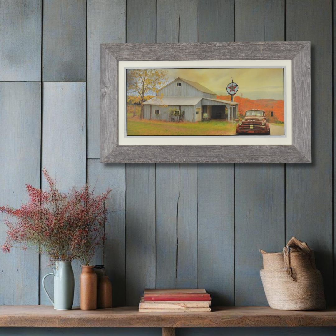 Vintage Truck and Texaco Station Country Art Print, view mounted on the wall