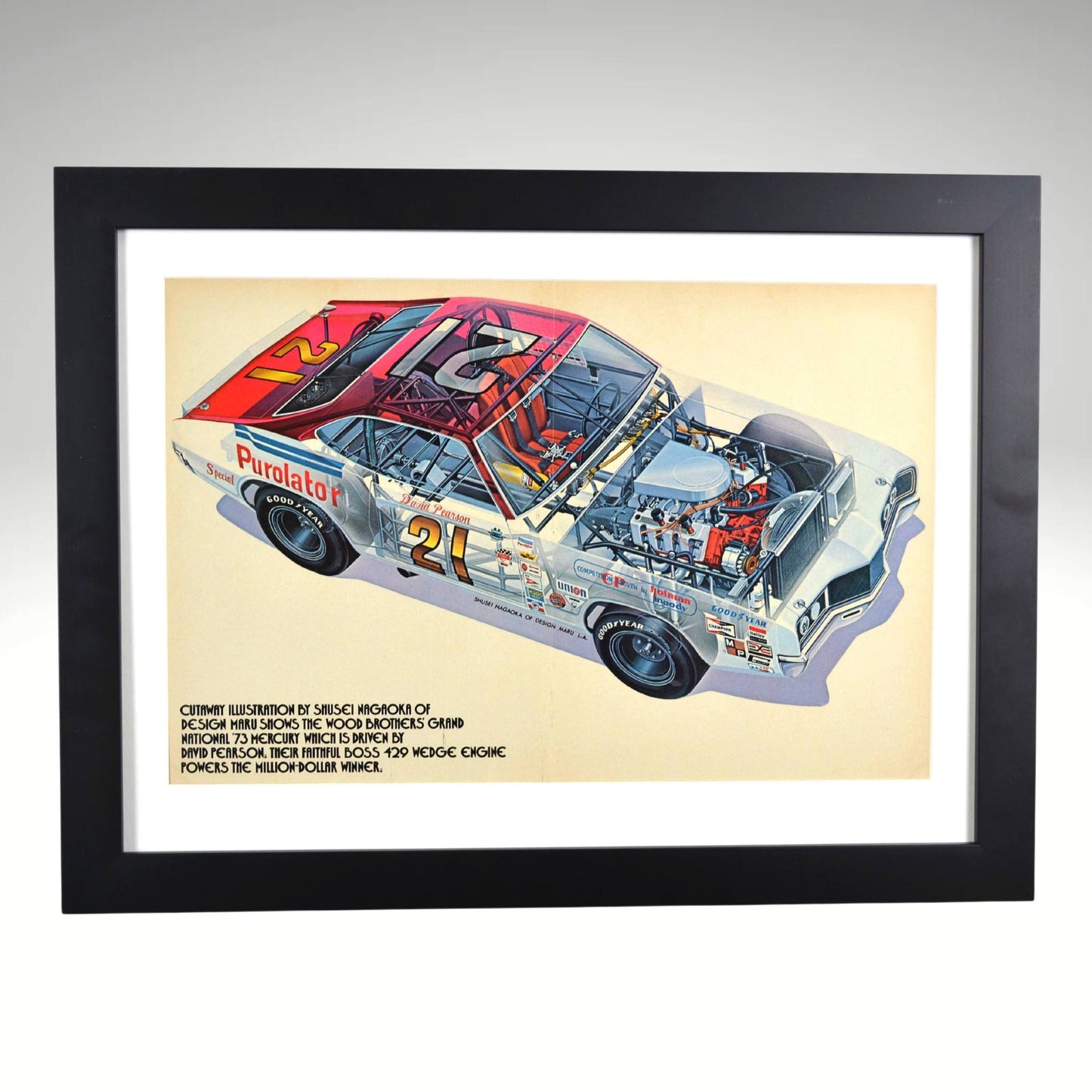 Framed 1973 Wood Brothers Mercury Cyclone NASCAR print featuring David Pearson's race-winning car, presented with a glass front and satin black frame.