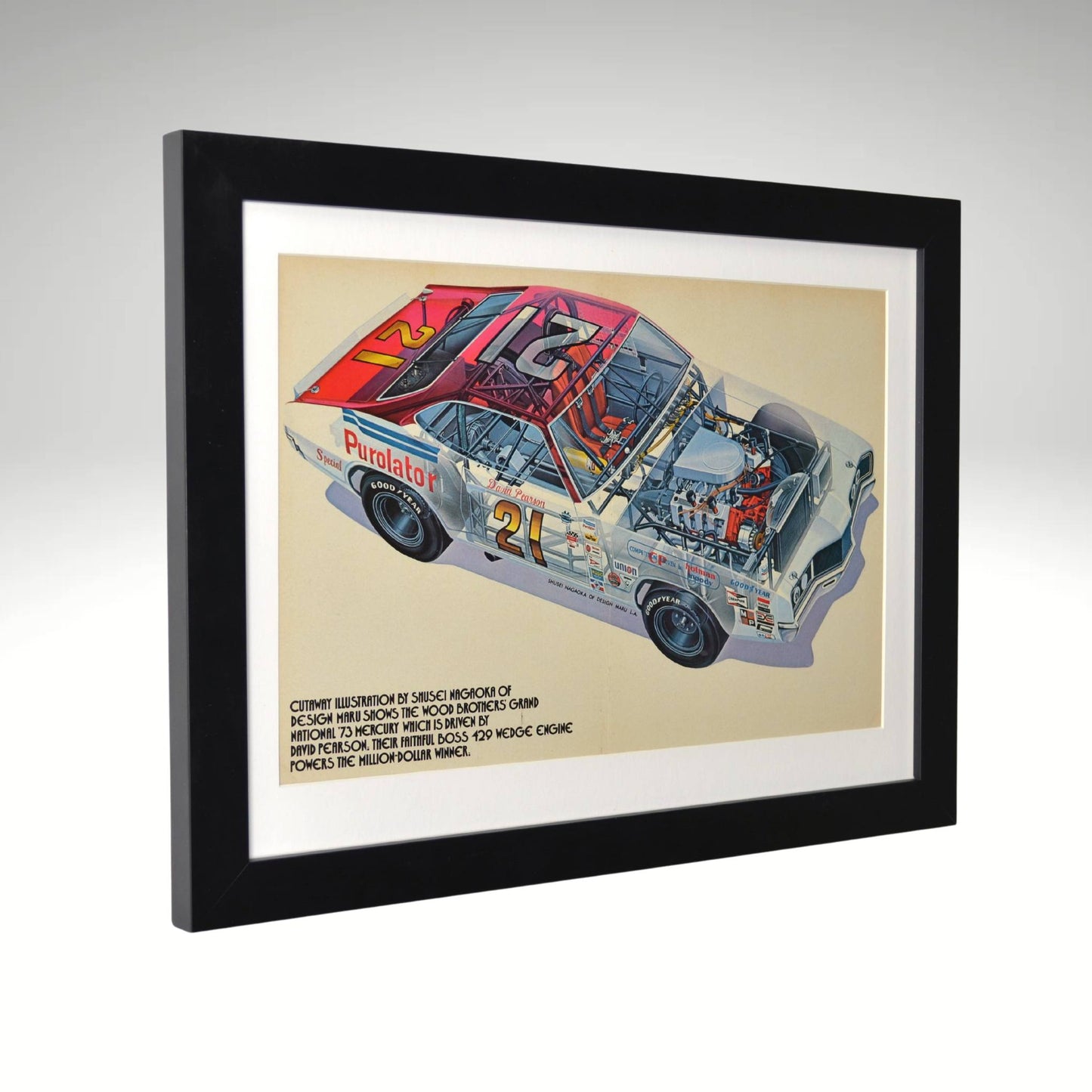 Framed 1973 Wood Brothers Mercury Cyclone NASCAR print featuring David Pearson's race-winning car, presented with a glass front and satin black frame side view.