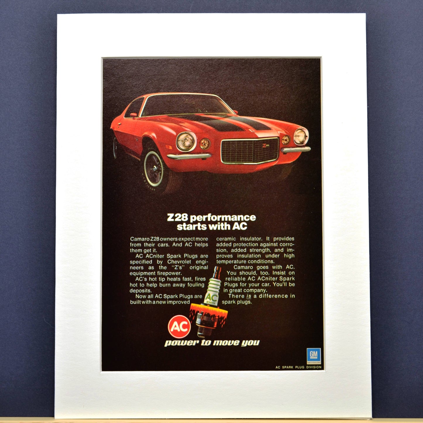 1972 AC Spark Plug Ad Featuring Camaro Z28 - Vintage Muscle Car Art