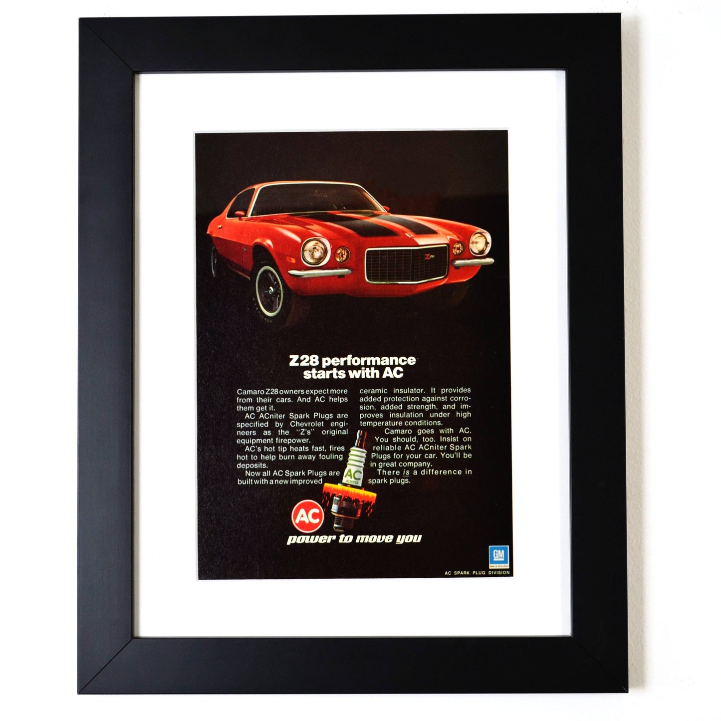 1972 AC Spark Plug Ad Featuring Camaro Z28 - Vintage Muscle Car Art framed