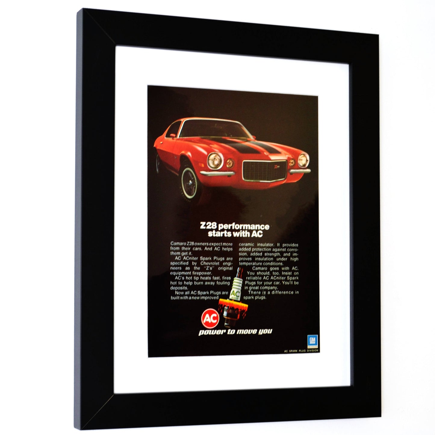 1972 AC Spark Plug Ad Featuring Camaro Z28 - Vintage Muscle Car Art framed side view
