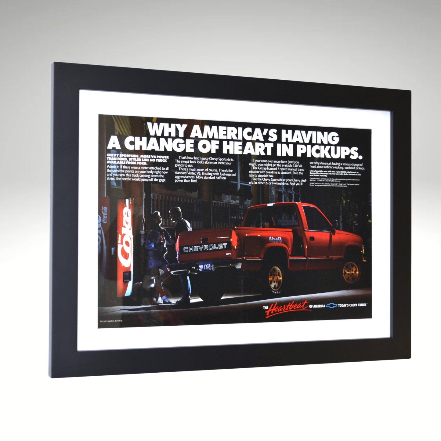 1988 Chevy Silverado Ad – Framed Pickup Truck & Coke Machine Wall Art