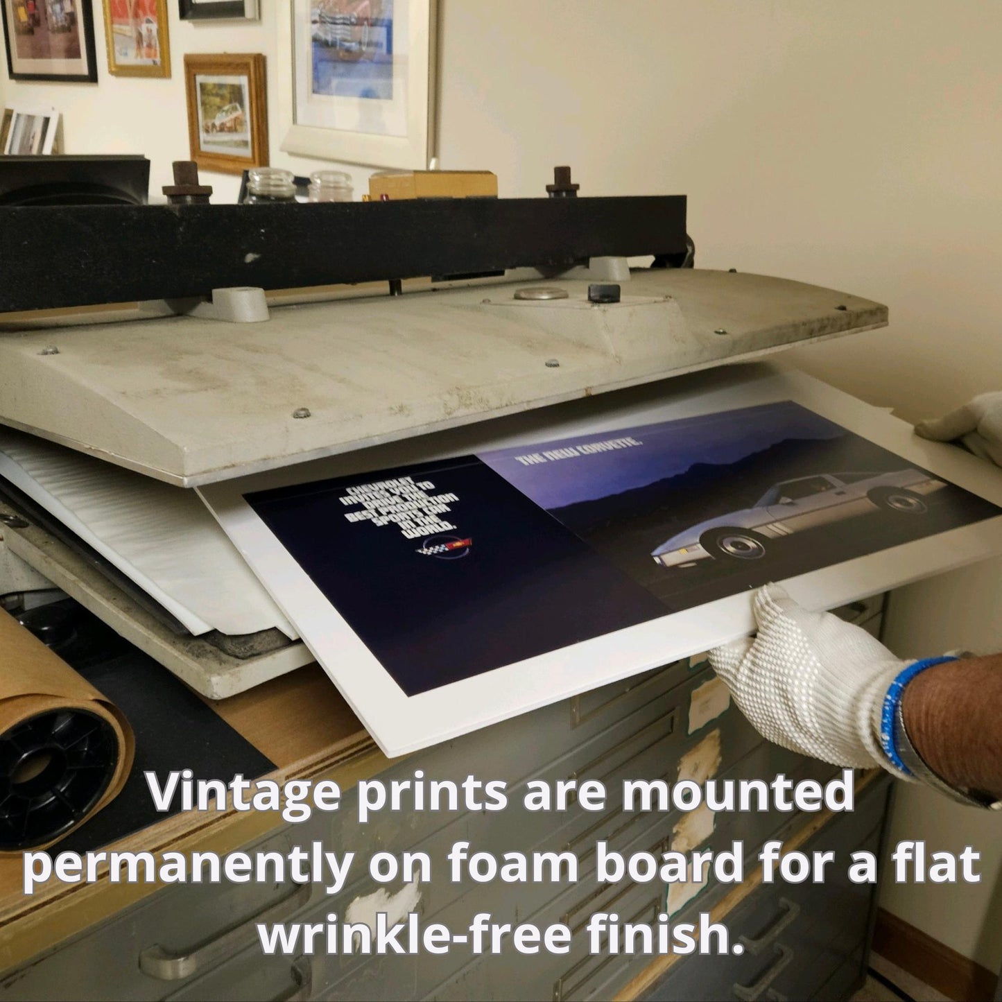 Vintage art garage dry mount press with corvette print