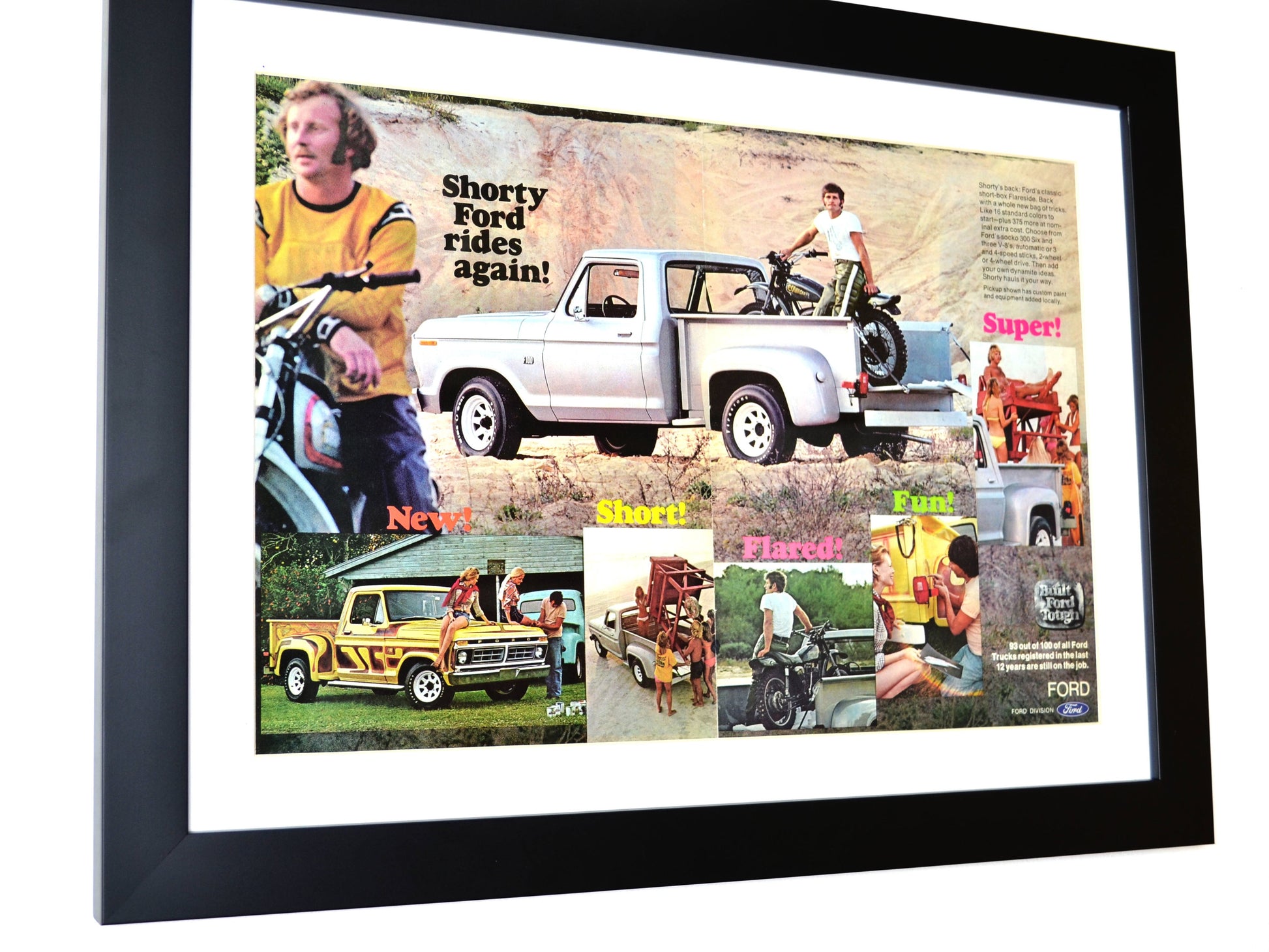1970s Ford truck framed print featuring the Shorty pickup, custom graphics, and an adventurous retro lifestyle, perfect for classic truck enthusiasts, side view