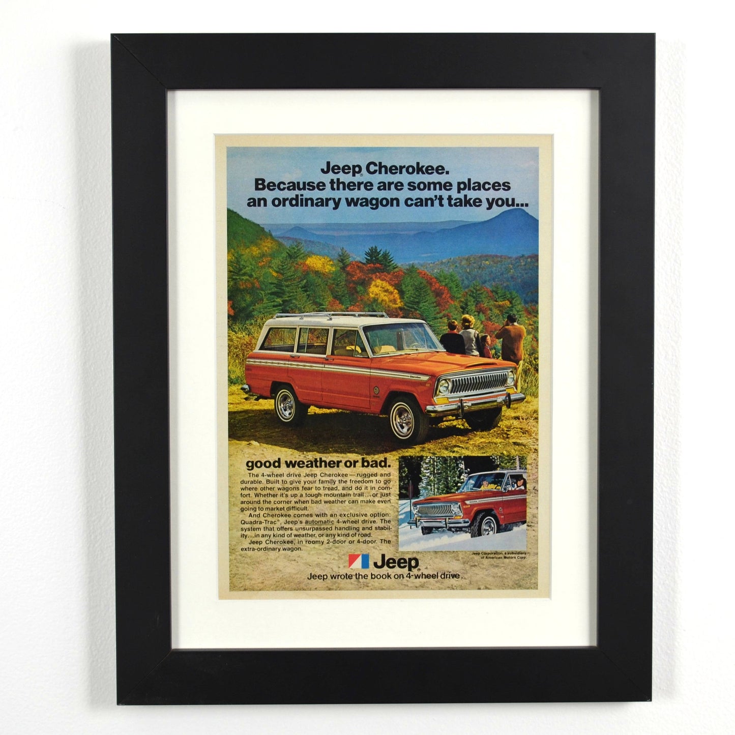 1970s Jeep Cherokee SJ Vintage Print Ad - Classic 4x4 Adventure Art framed
