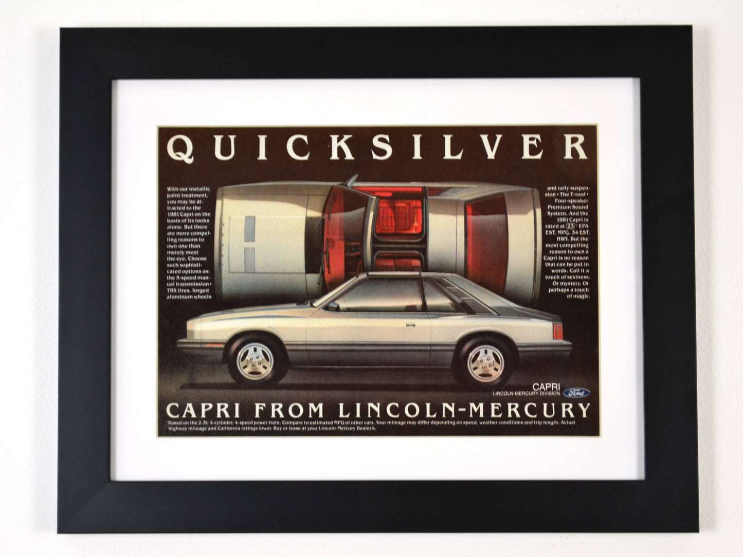 Mercury Capri automotive print ad, framed