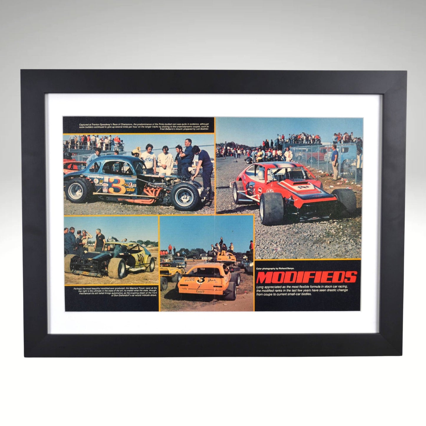 Framed vintage NASCAR Modifieds print featuring 1970s racing legends Fred Desarro, Don Diffendorf, Eddie Pieniazek, and Maynard Troyer in a transition from coupe to modern racers.