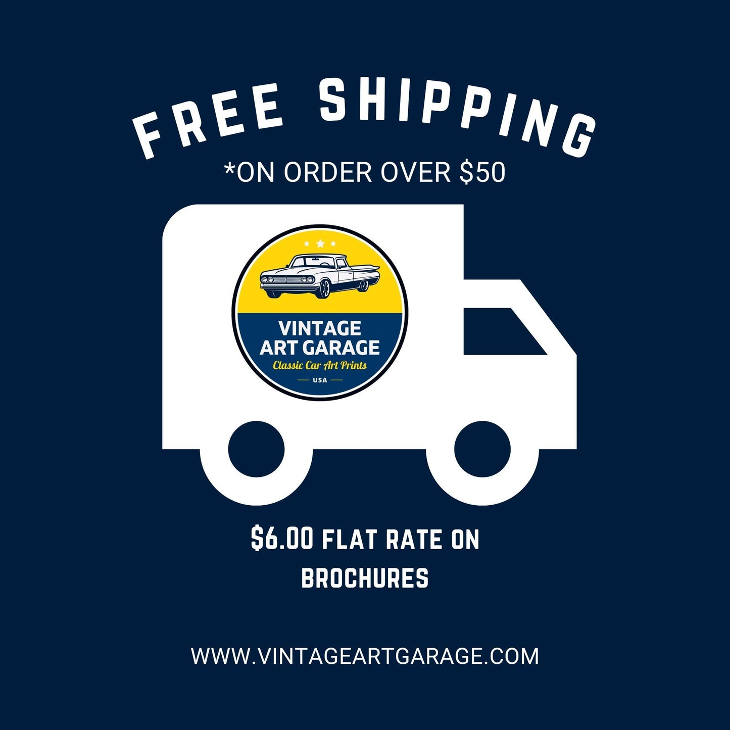 Promotional graphic for Vintage Art Garage with free shipping offer on a dark blue background.