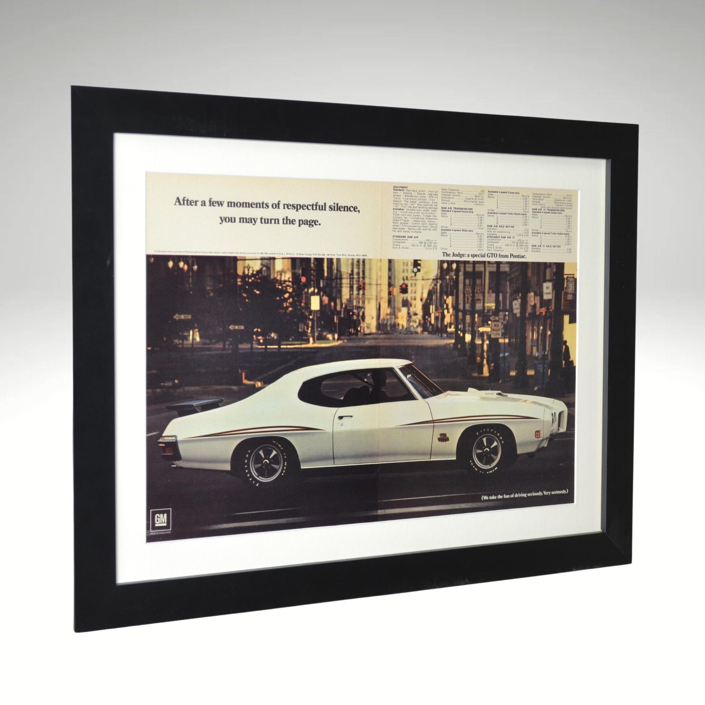 1970 Pontiac GTO Judge Ad – Framed Classic Muscle Car Art side view