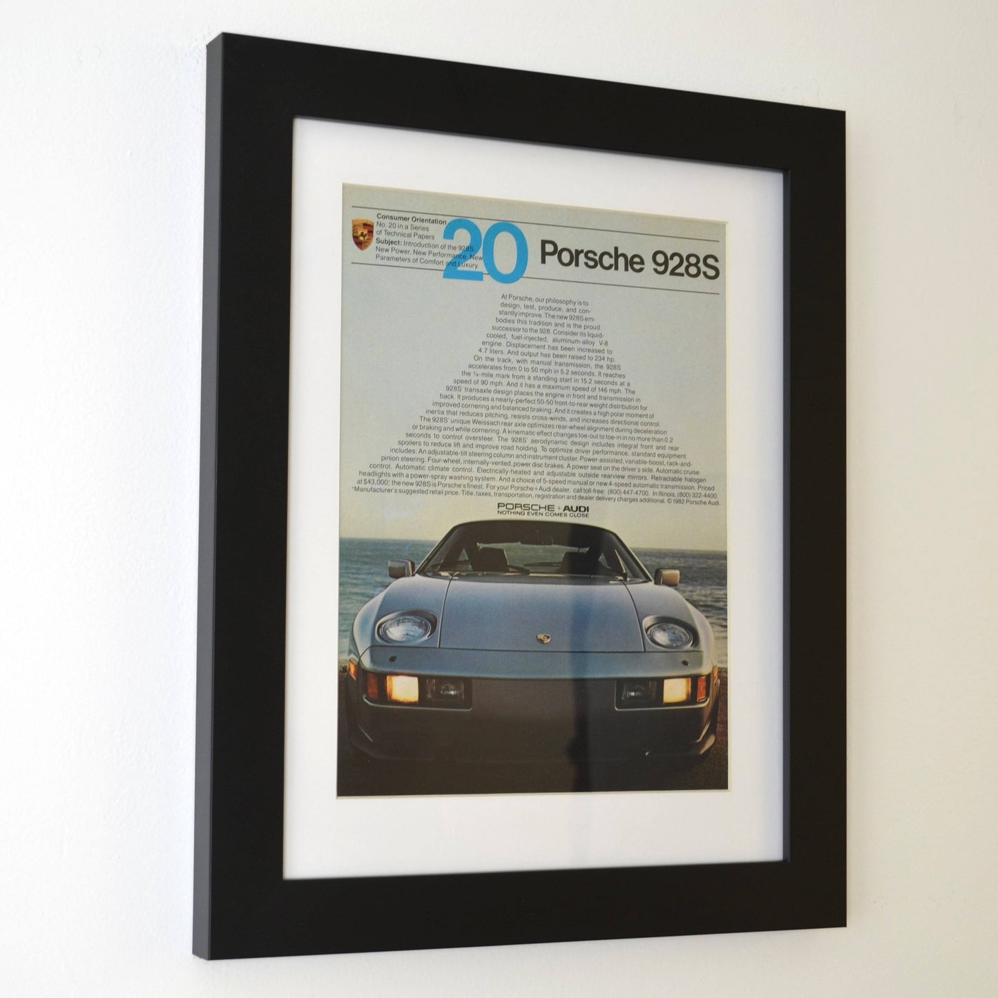 Vintage Porsche 928 Print Ad, side view, framed